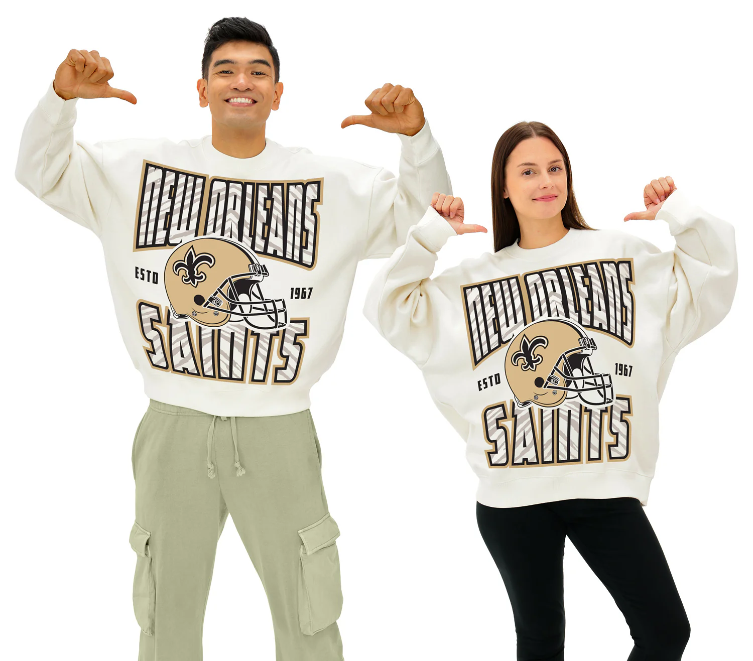 Zubaz NFL UNISEX 90s Helmet Drop Shoulder Crewneck -Off White, NEW ORLEANS SAINTS