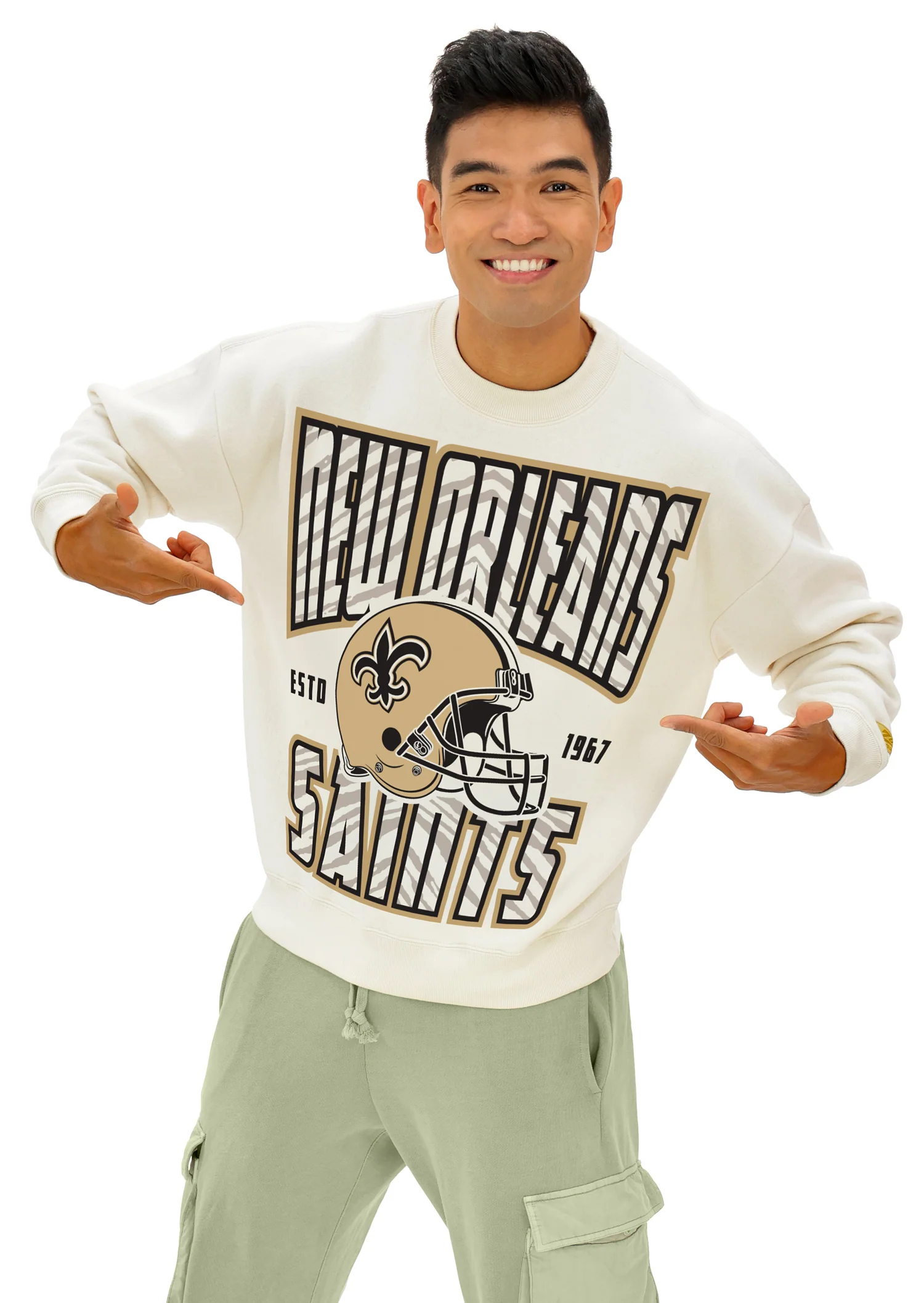 Zubaz NFL UNISEX 90s Helmet Drop Shoulder Crewneck -Off White, NEW ORLEANS SAINTS - Image 2