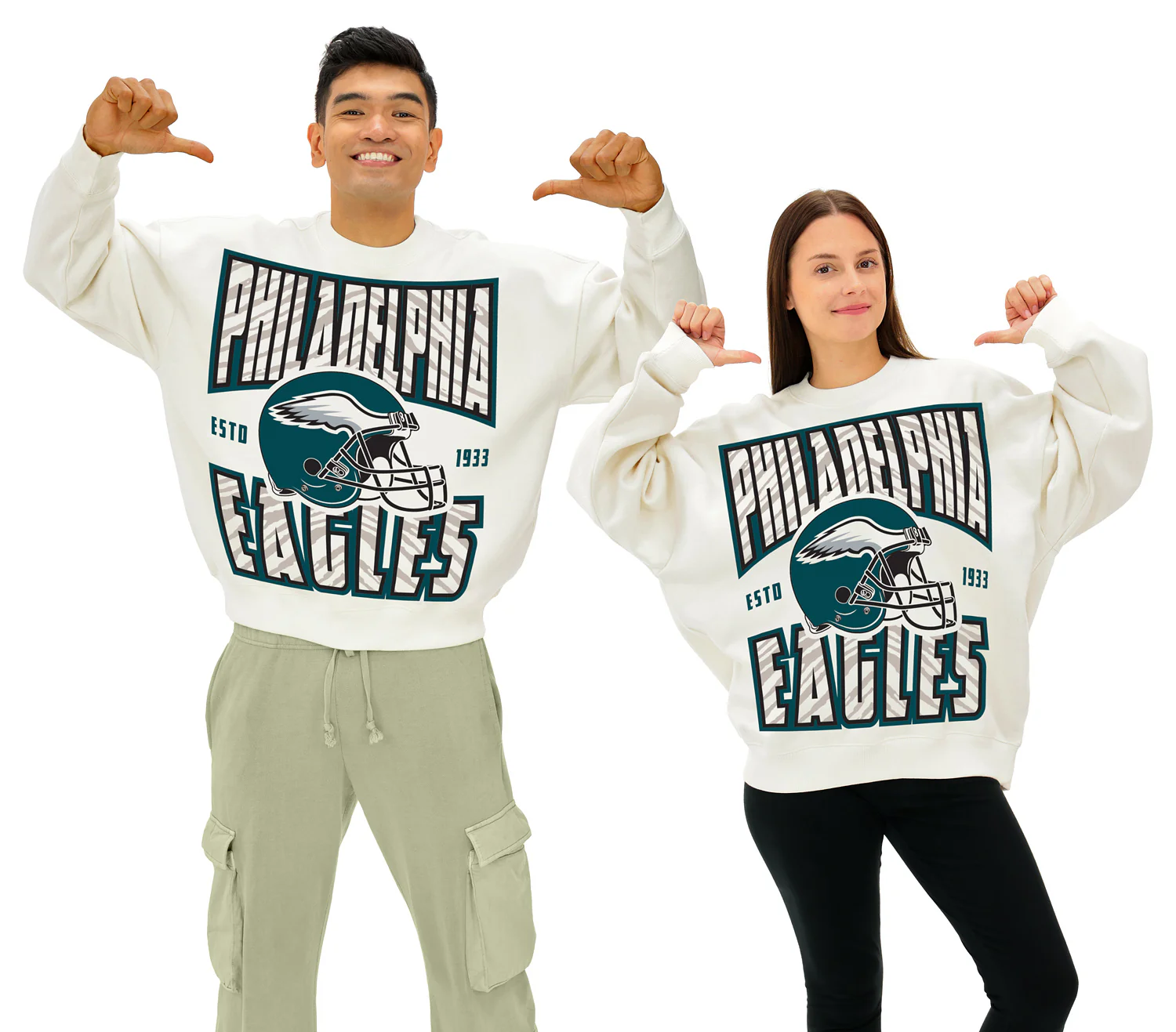 Zubaz NFL UNISEX 90s Helmet Drop Shoulder Crewneck -Off White, PHILADELPHIA EAGLES
