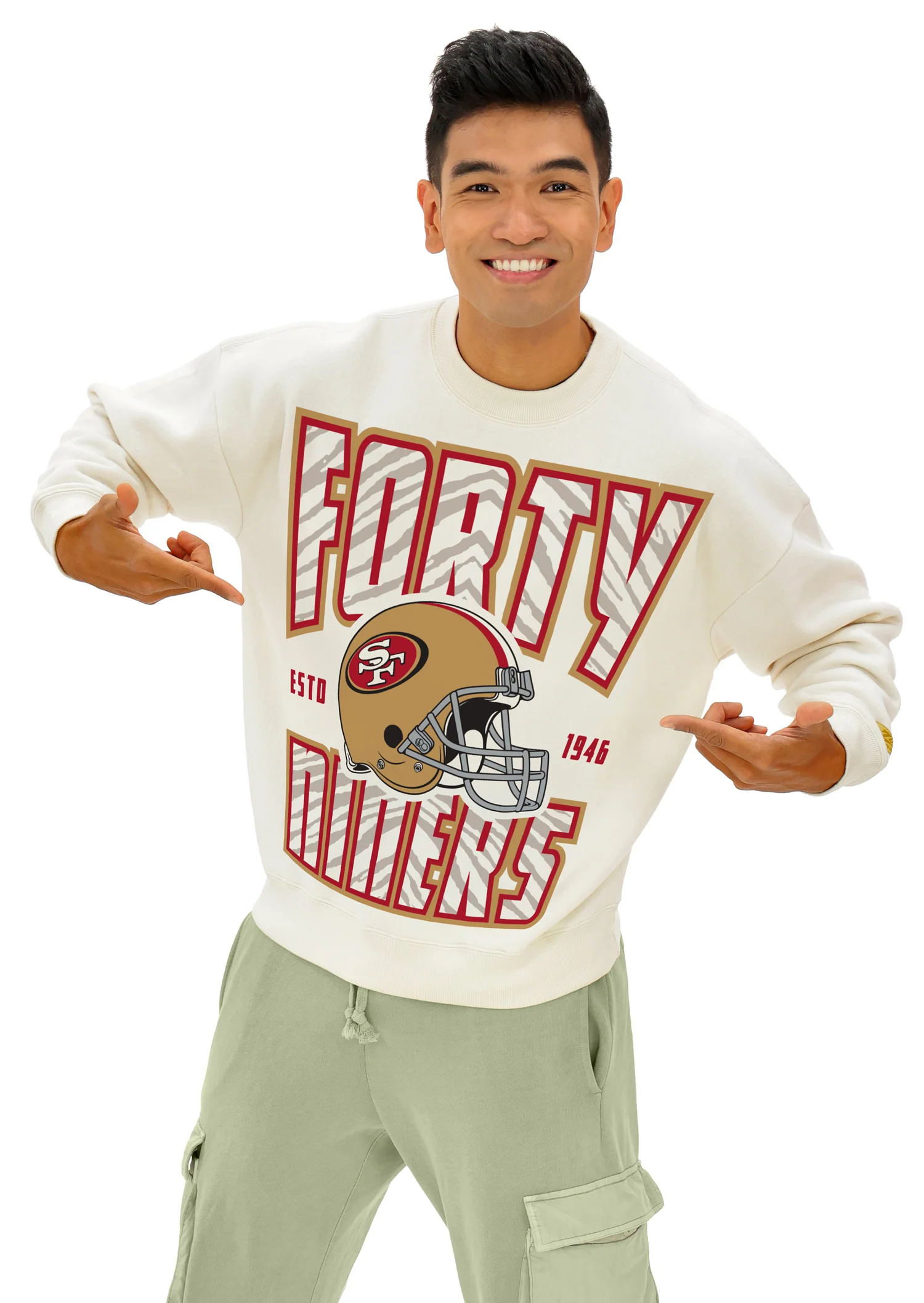 Zubaz NFL UNISEX 90s Helmet Drop Shoulder Crewneck -Off White, SAN FRANCISCO 49ERS - Image 3