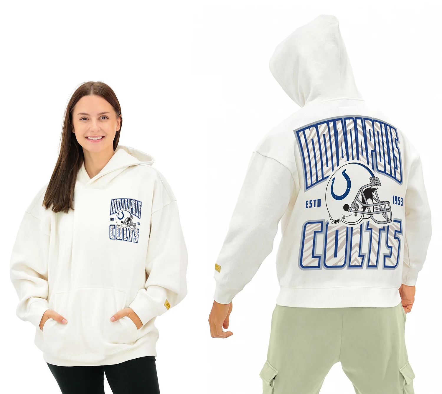 Zubaz NFL UNISEX 90s Helmet Drop Shoulder Hoodies-Off White, INDIANAPOLIS COLTS
