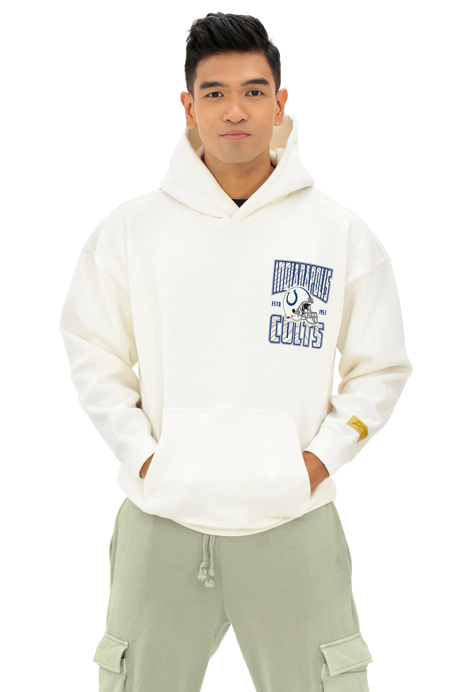 Zubaz NFL UNISEX 90s Helmet Drop Shoulder Hoodies-Off White, INDIANAPOLIS COLTS - Image 4