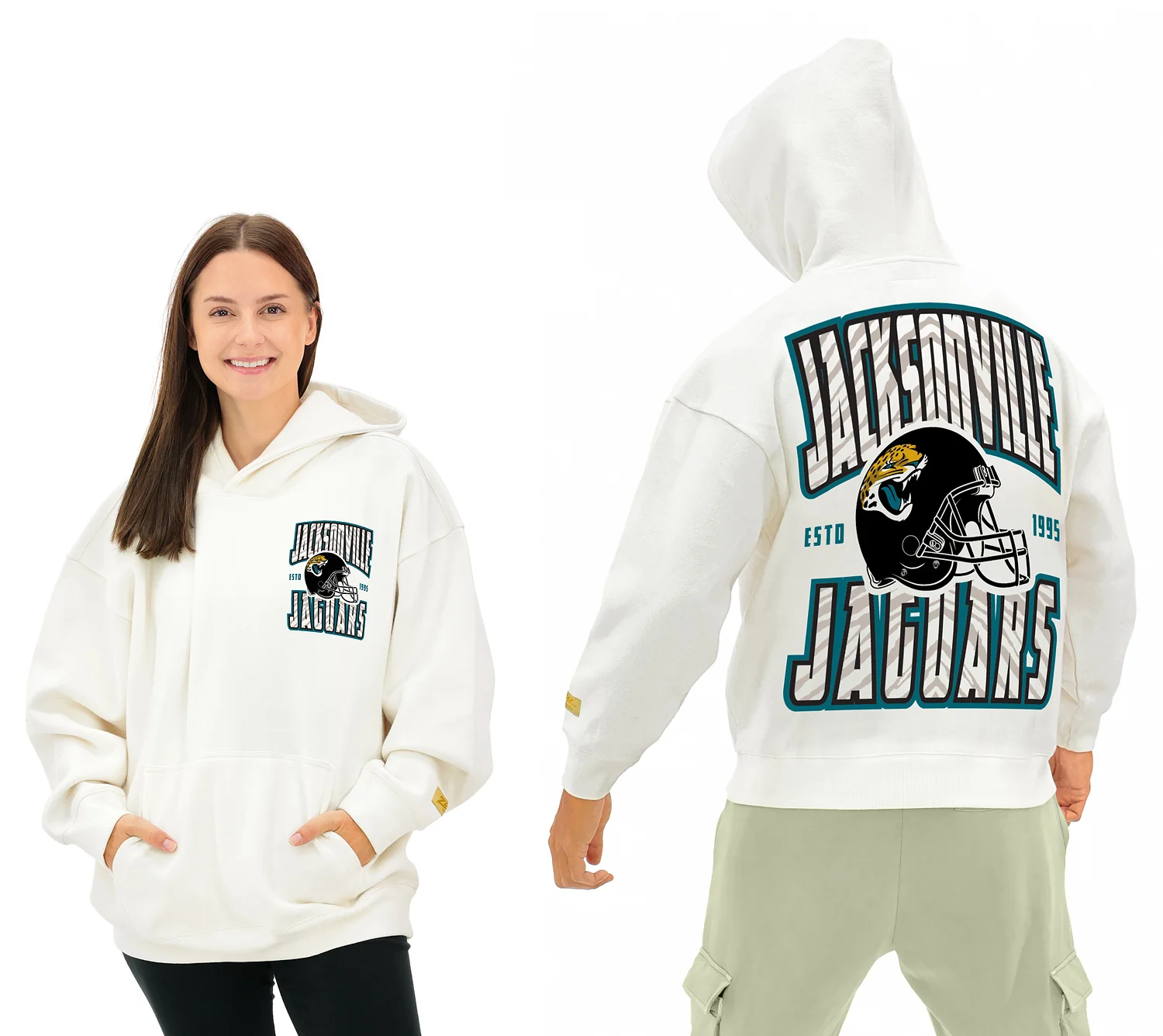 Zubaz NFL UNISEX 90s Helmet Drop Shoulder Hoodies-Off White, JACKSONVILLE JAGUARS