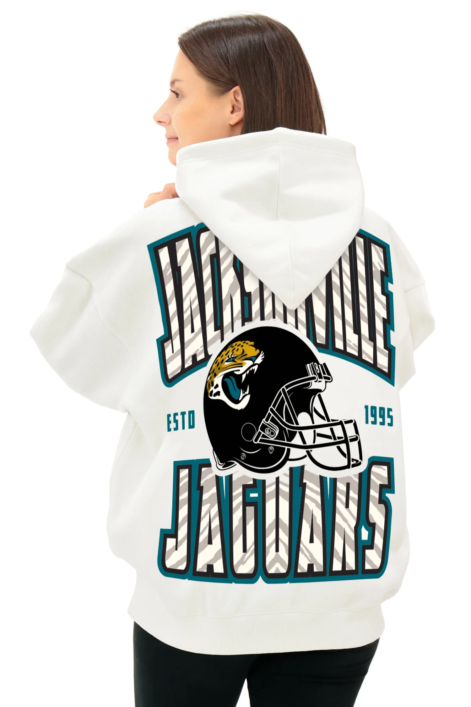 Zubaz NFL UNISEX 90s Helmet Drop Shoulder Hoodies-Off White, JACKSONVILLE JAGUARS - Image 3