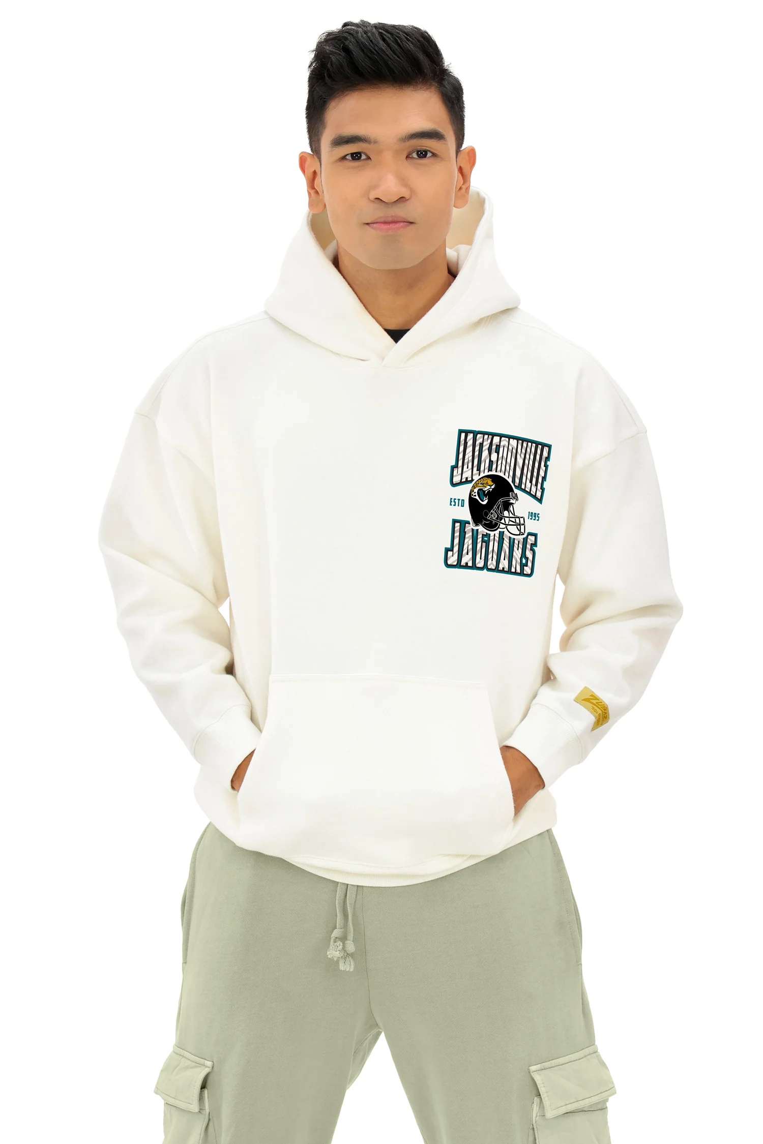 Zubaz NFL UNISEX 90s Helmet Drop Shoulder Hoodies-Off White, JACKSONVILLE JAGUARS - Image 4