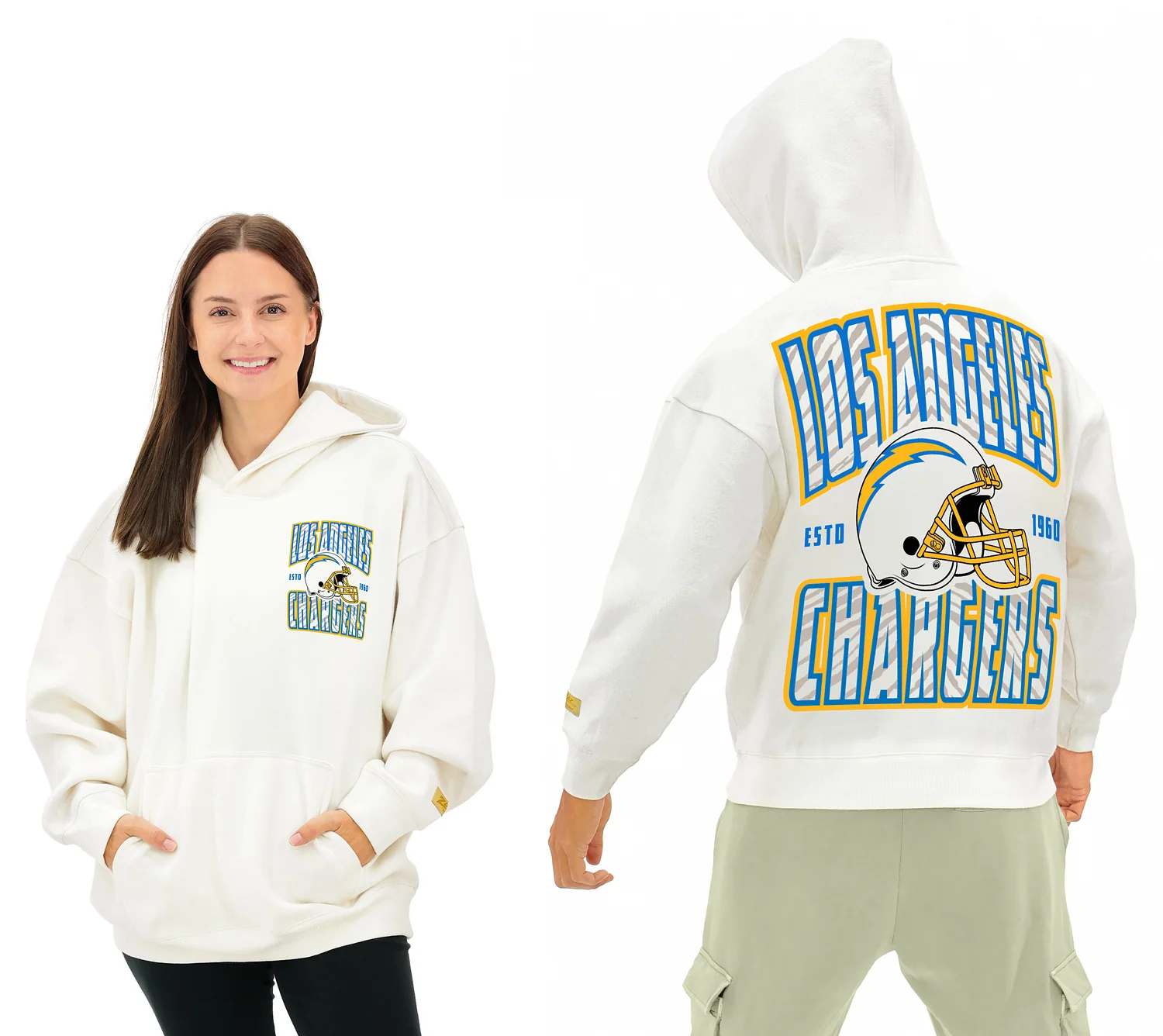 Zubaz NFL UNISEX 90s Helmet Drop Shoulder Hoodies-Off White, LOS ANGELES CHARGERS