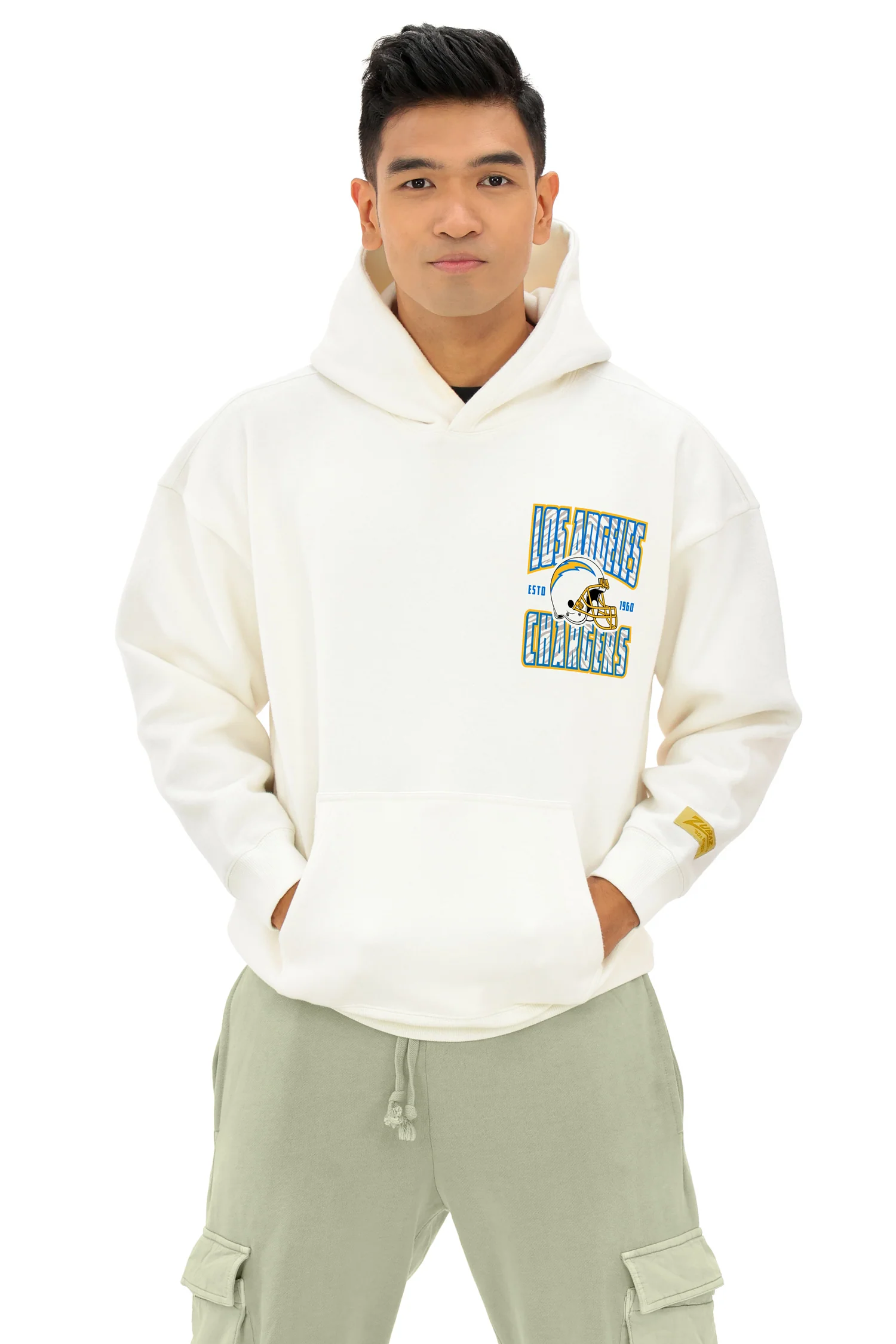 Zubaz NFL UNISEX 90s Helmet Drop Shoulder Hoodies-Off White, LOS ANGELES CHARGERS - Image 4