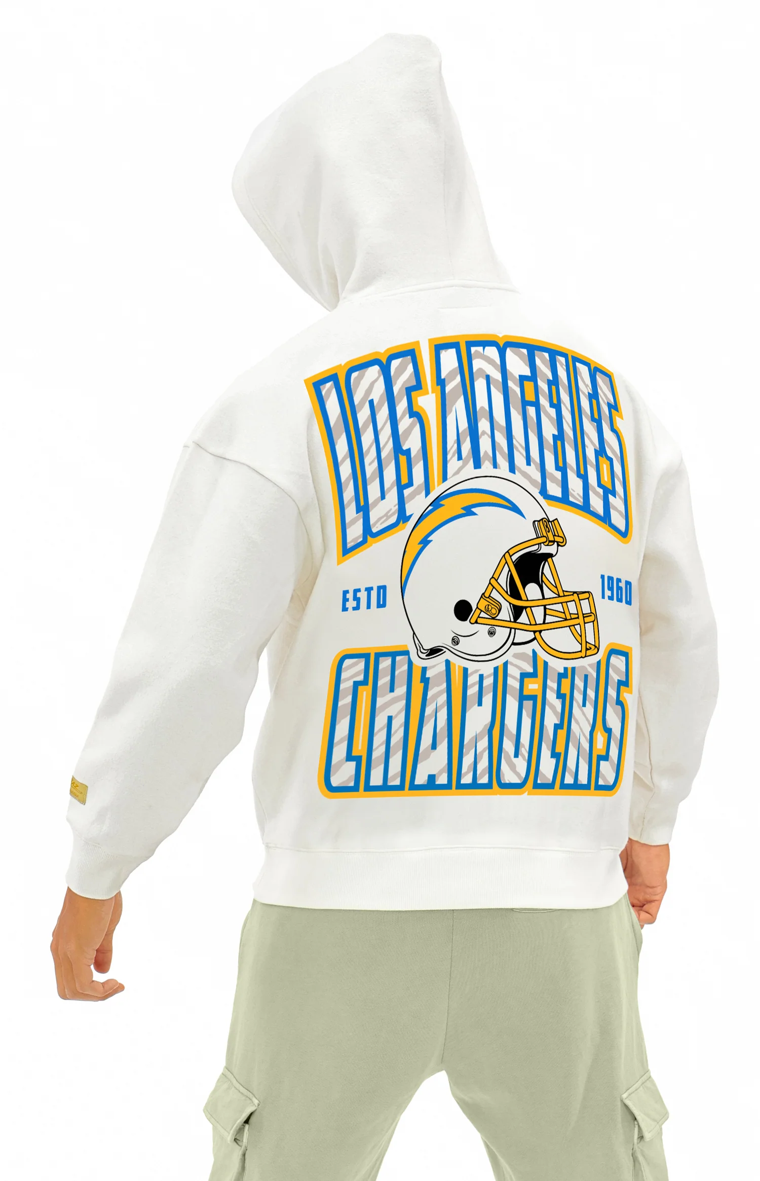 Zubaz NFL UNISEX 90s Helmet Drop Shoulder Hoodies-Off White, LOS ANGELES CHARGERS - Image 5