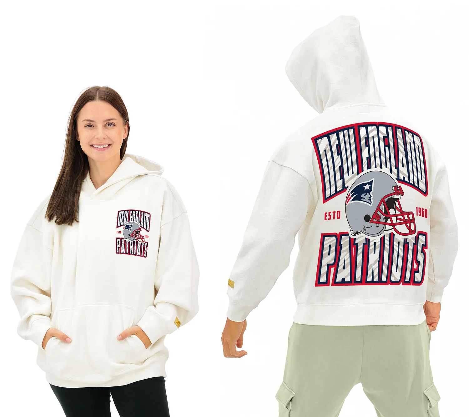 Zubaz NFL UNISEX 90s Helmet Drop Shoulder Hoodies-Off White, NEW ENGLAND PATRIOTS