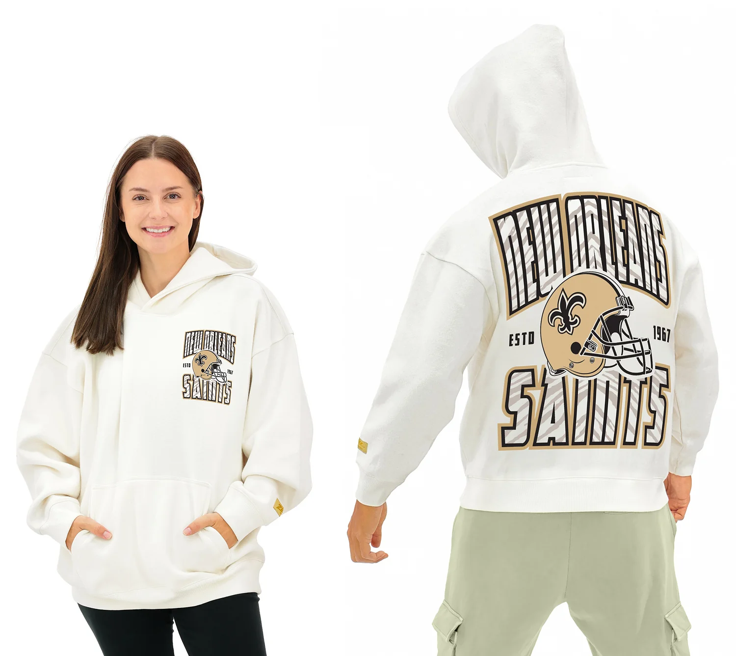 Zubaz NFL UNISEX 90s Helmet Drop Shoulder Hoodies-Off White, NEW ORLEANS SAINTS