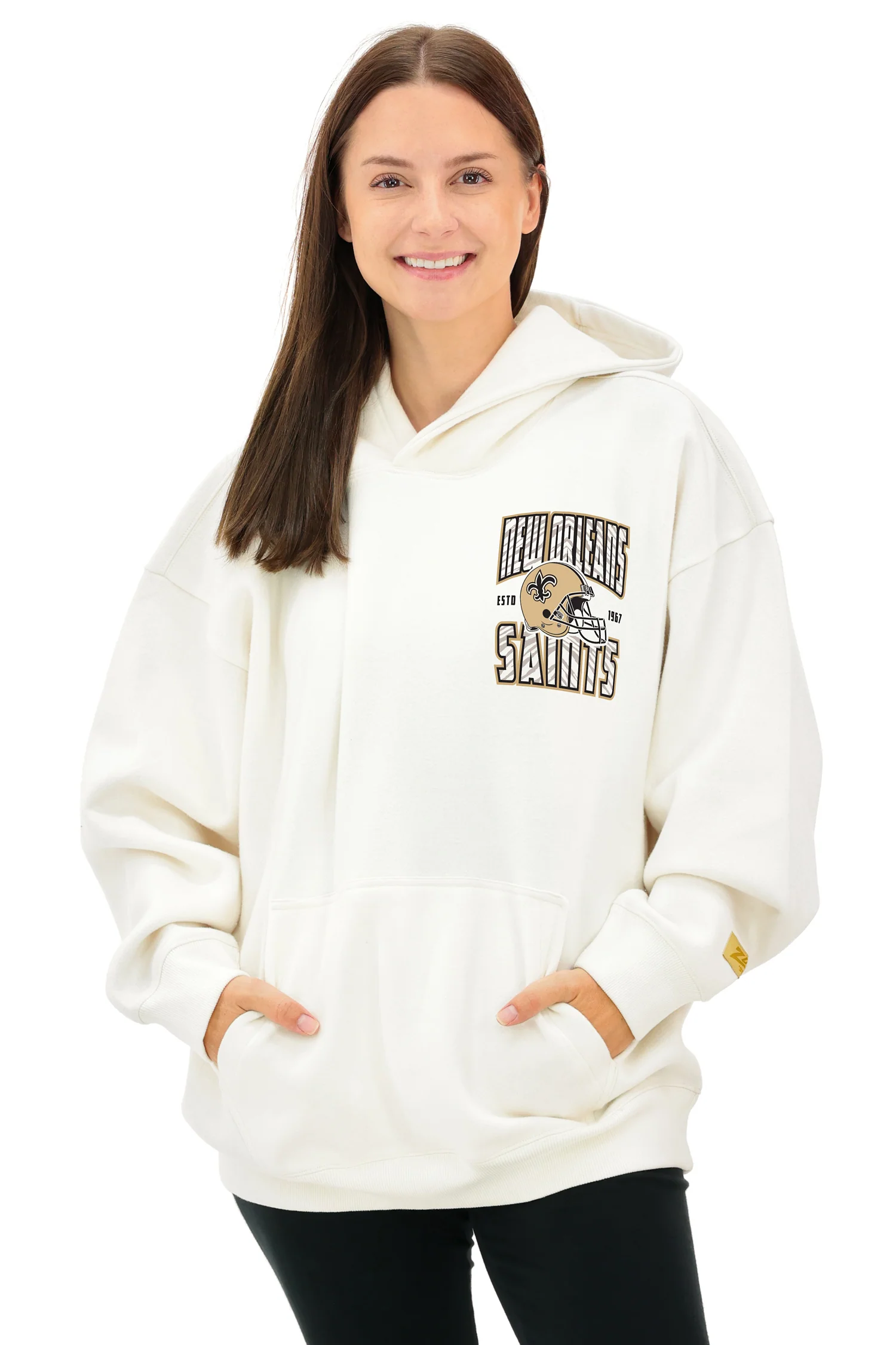 Zubaz NFL UNISEX 90s Helmet Drop Shoulder Hoodies-Off White, NEW ORLEANS SAINTS - Image 2