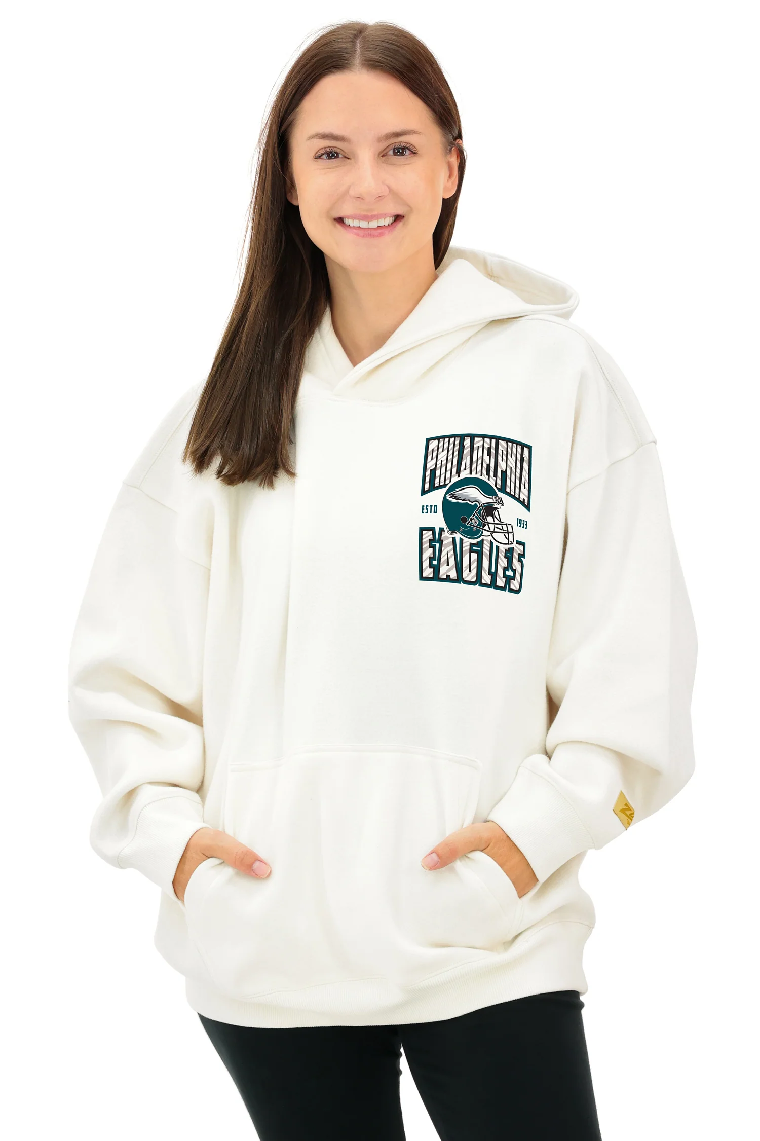 Zubaz NFL  UNISEX 90s Helmet Drop Shoulder Hoodies-Off White, PHILADELPHIA EAGLES - Image 2