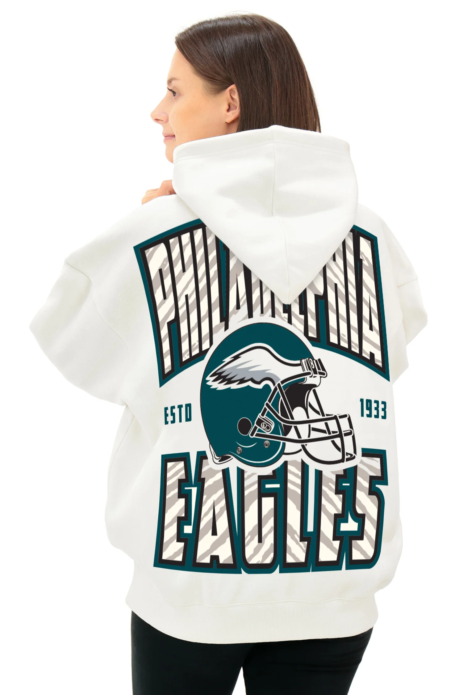 Zubaz NFL  UNISEX 90s Helmet Drop Shoulder Hoodies-Off White, PHILADELPHIA EAGLES - Image 3
