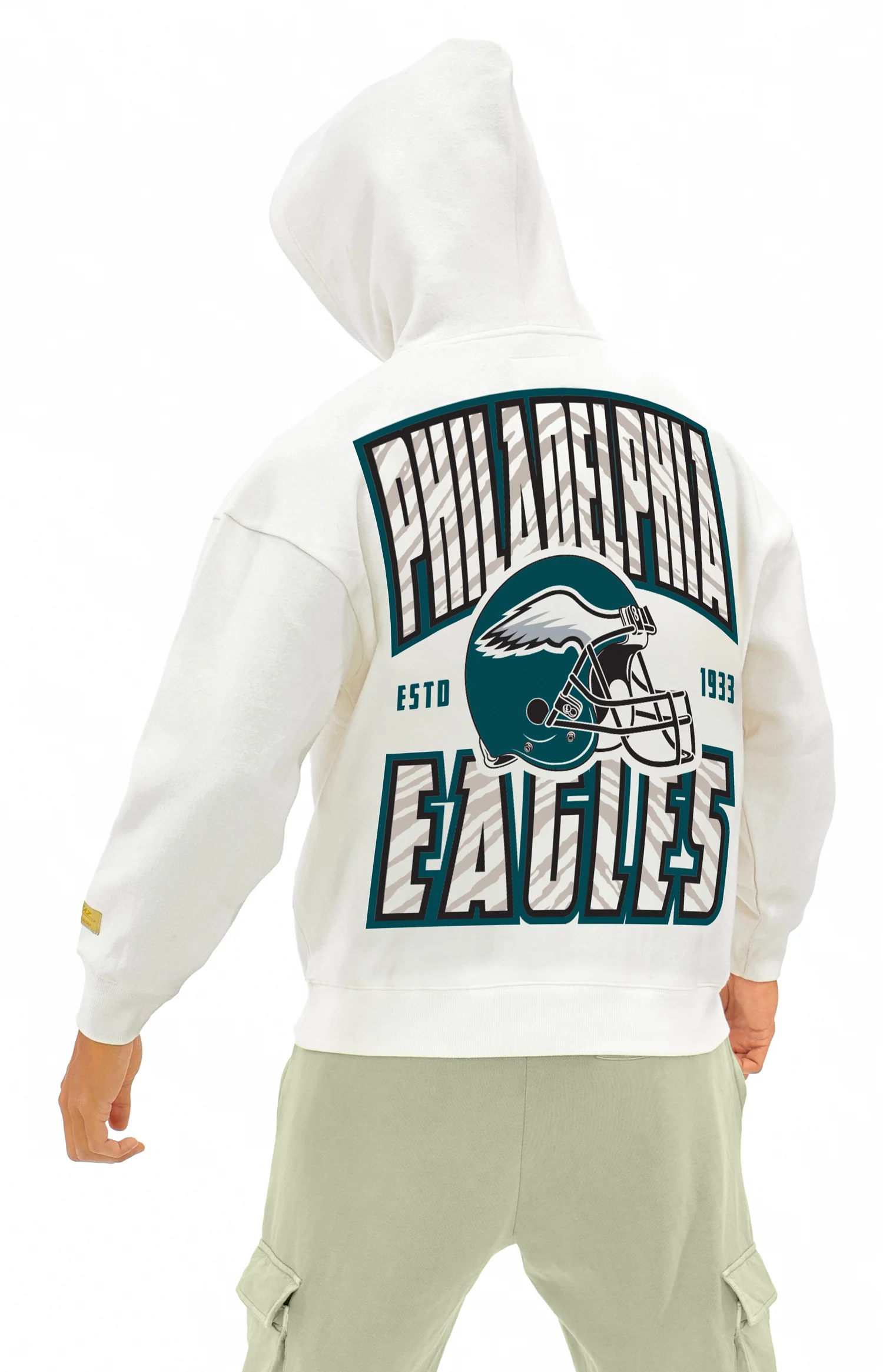Zubaz NFL  UNISEX 90s Helmet Drop Shoulder Hoodies-Off White, PHILADELPHIA EAGLES - Image 5