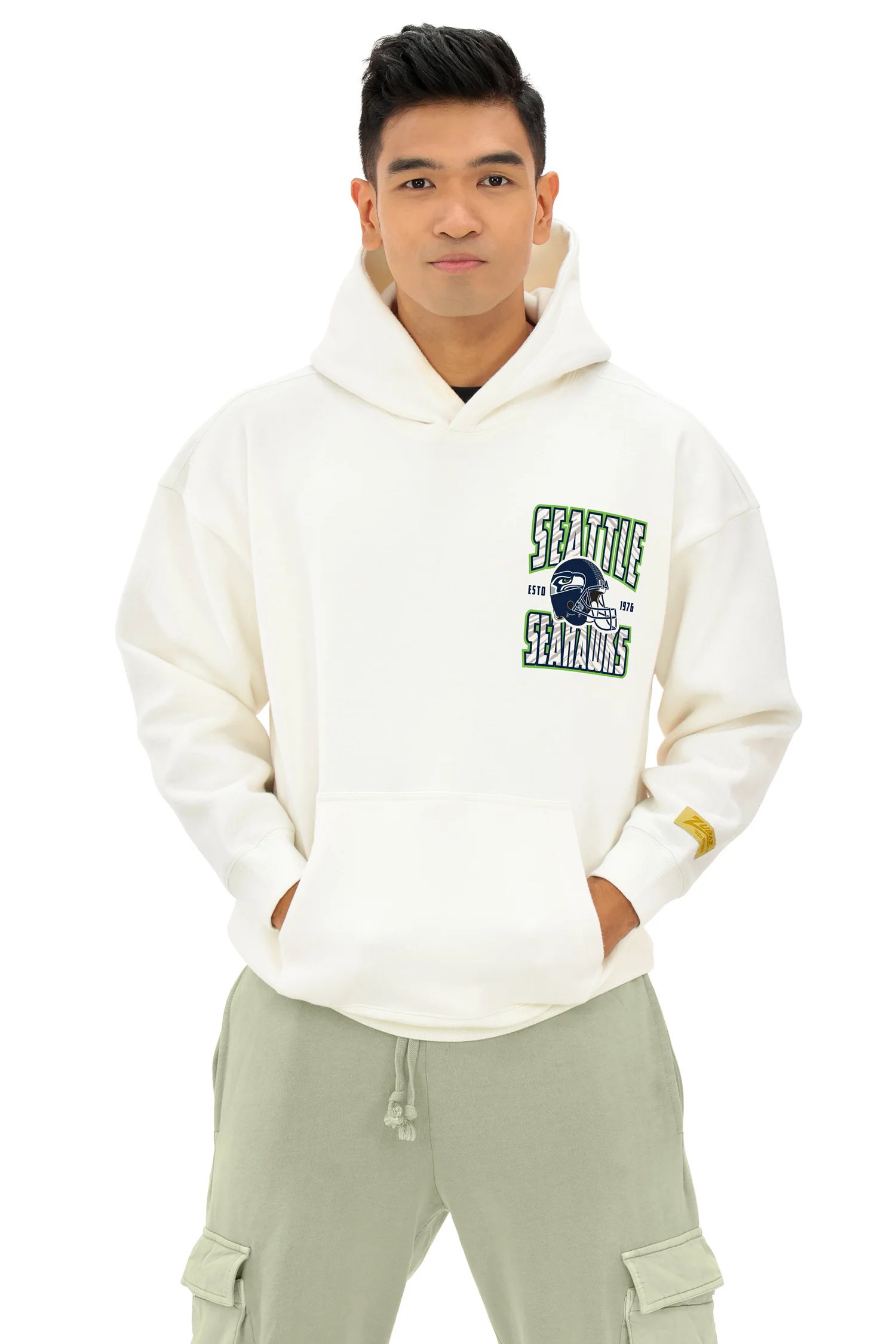Zubaz NFL UNISEX 90s Helmet Drop Shoulder Hoodies-Off White, SEATTLE SEAHAWKS - Image 10