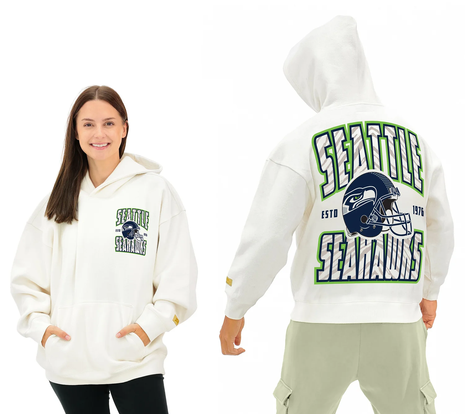 Zubaz NFL UNISEX 90s Helmet Drop Shoulder Hoodies-Off White, SEATTLE SEAHAWKS - Image 14
