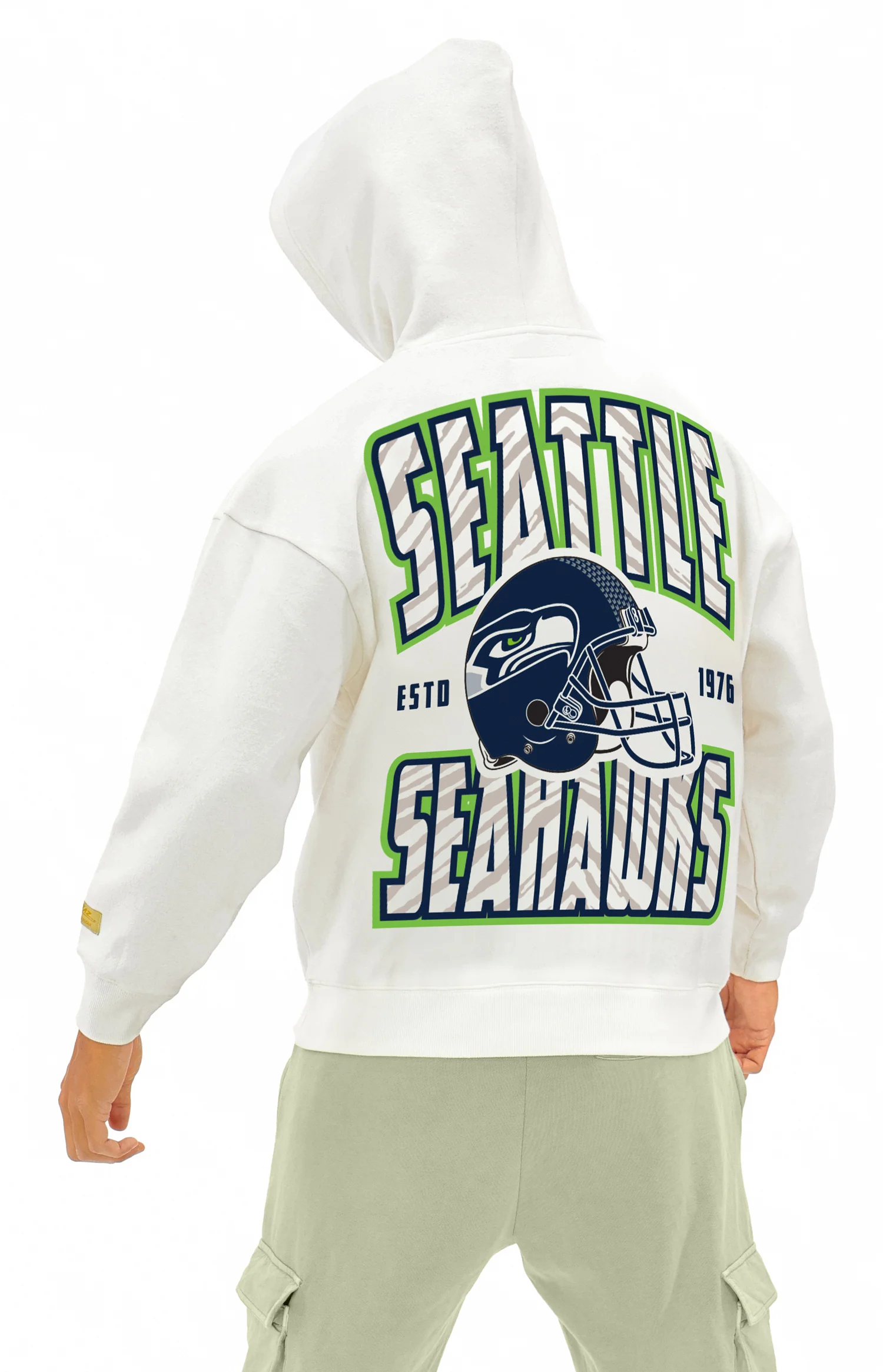 Zubaz NFL UNISEX 90s Helmet Drop Shoulder Hoodies-Off White, SEATTLE SEAHAWKS - Image 5