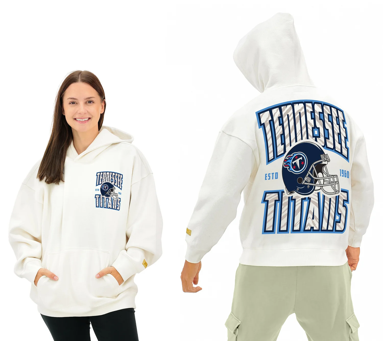 Zubaz NFL UNISEX 90s Helmet Drop Shoulder Hoodies-Off White, TENNESSEE TITANS