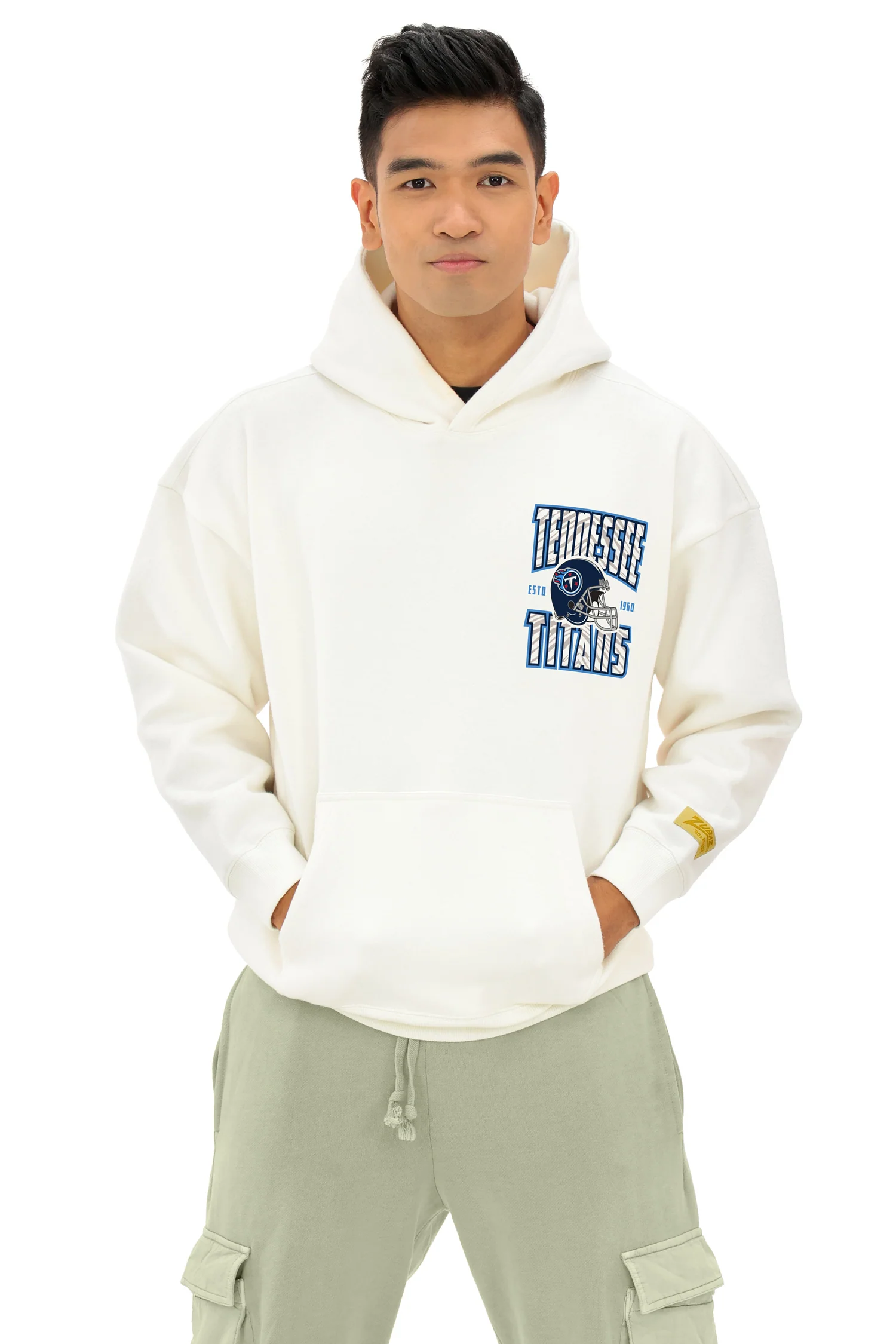 Zubaz NFL UNISEX 90s Helmet Drop Shoulder Hoodies-Off White, TENNESSEE TITANS - Image 4