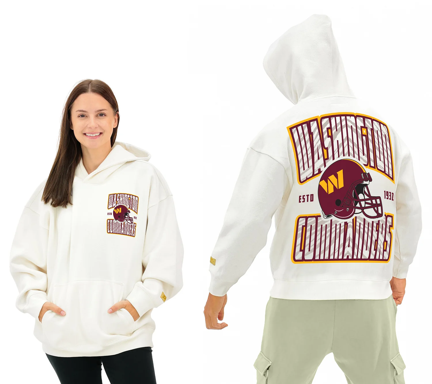 Zubaz NFL UNISEX 90s Helmet Drop Shoulder Hoodies-Off White, WASHINGTON COMMANDERS