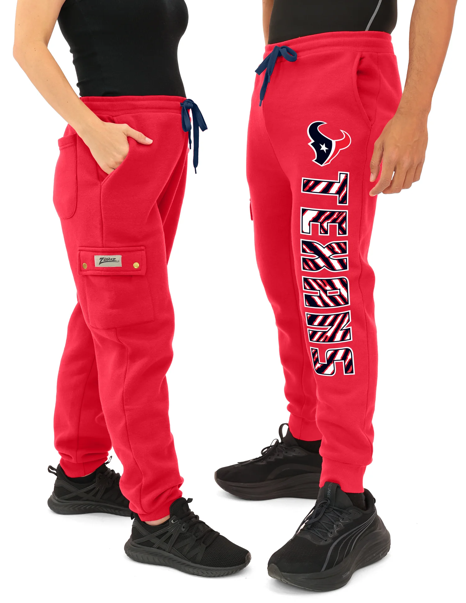 Zubaz NFL UNISEX 90s Team Cargo Joggers ALT team color Upright logo Zebra 3 color with Team name and Logo, HOUSTON TEXANS