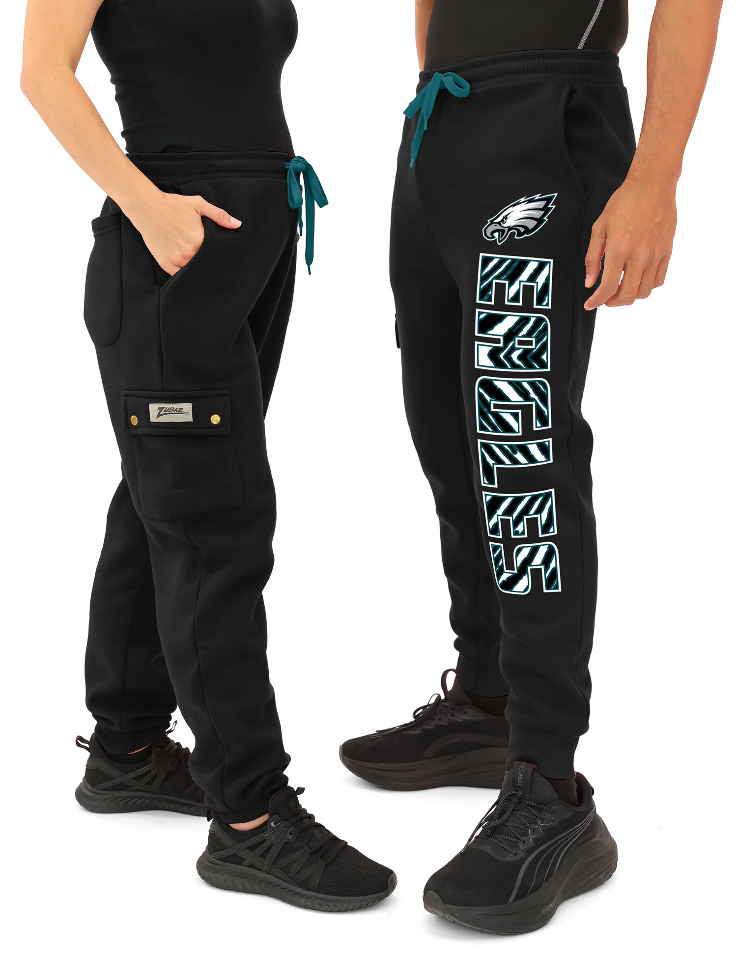 Zubaz NFL UNISEX 90s Team Cargo Joggers ALT team color Upright logo Zebra 3 color with Team name and Logo, PHILADELPHIA EAGLES