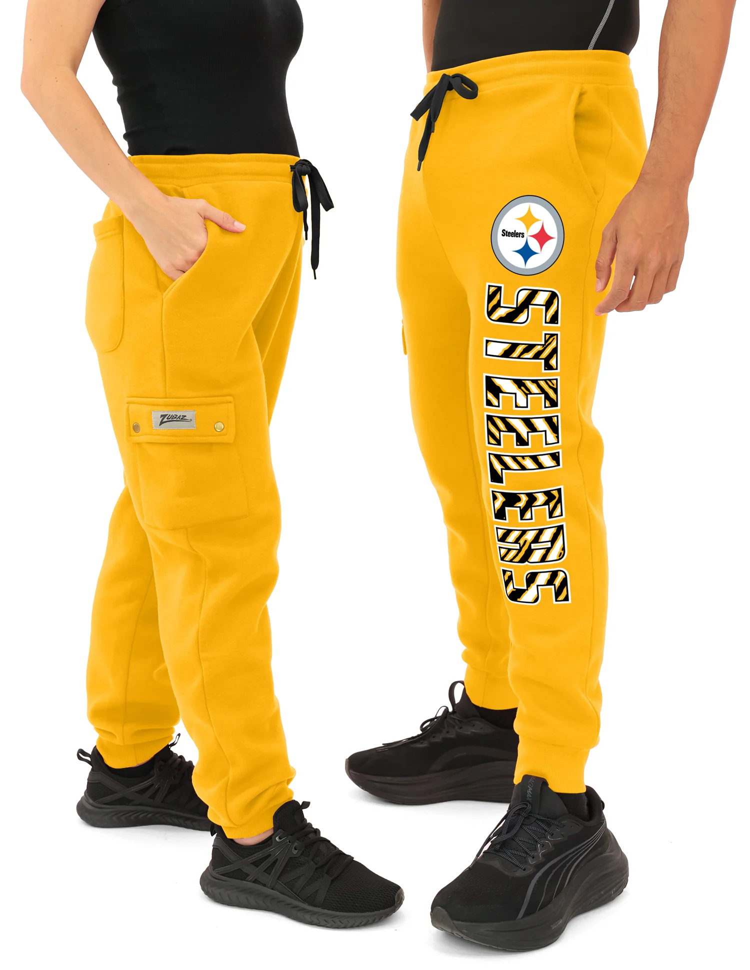 Zubaz NFL UNISEX 90s Team Cargo Joggers ALT team color Upright logo Zebra 3 color with Team name and Logo, PITTSBURGH STEELERS
