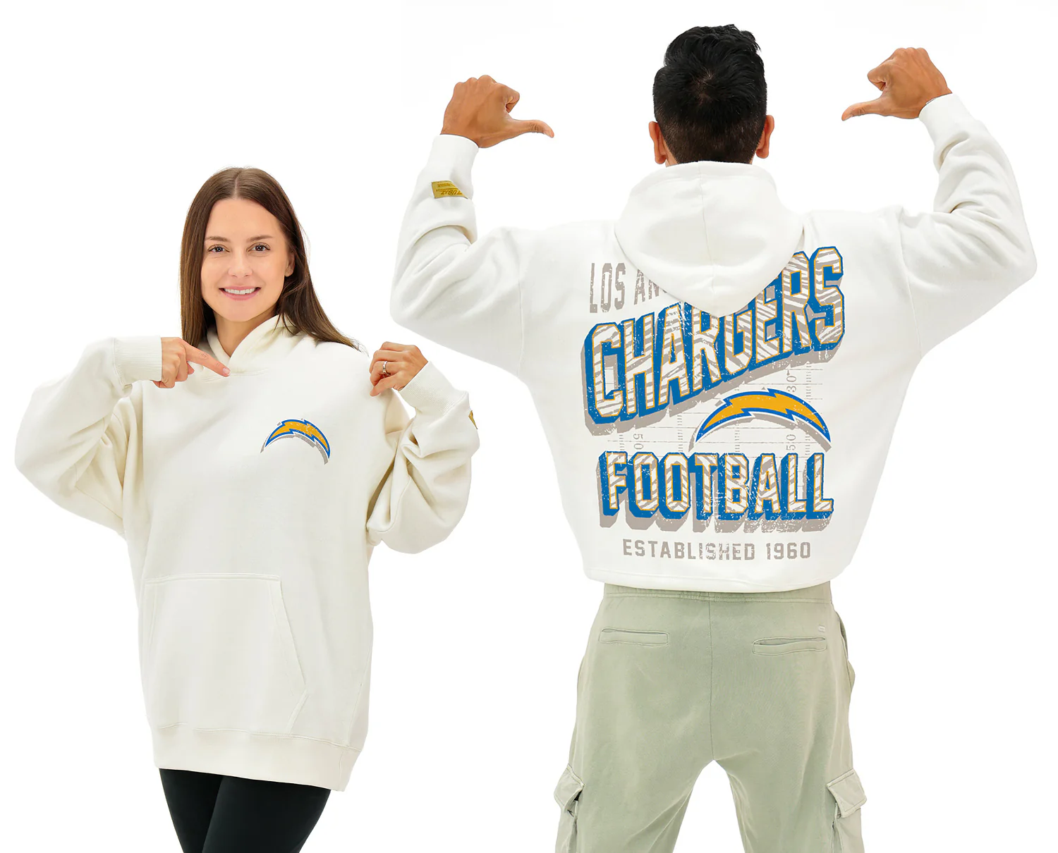 Zubaz NFL  UNISEX 90s Vintage First Down Drop Shoulder Hoodie- Off White, LOS ANGELES CHARGERS