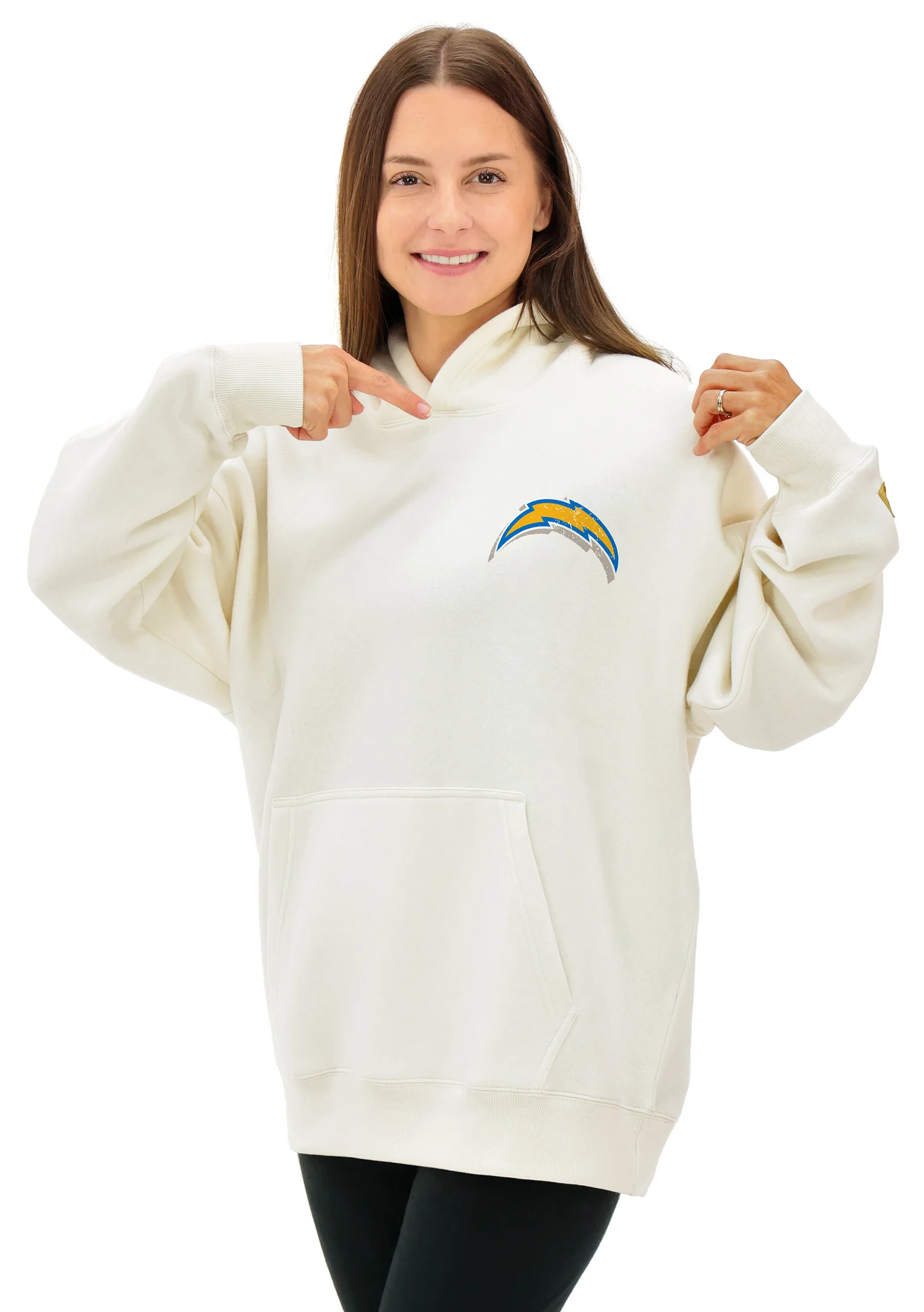 Zubaz NFL  UNISEX 90s Vintage First Down Drop Shoulder Hoodie- Off White, LOS ANGELES CHARGERS - Image 2