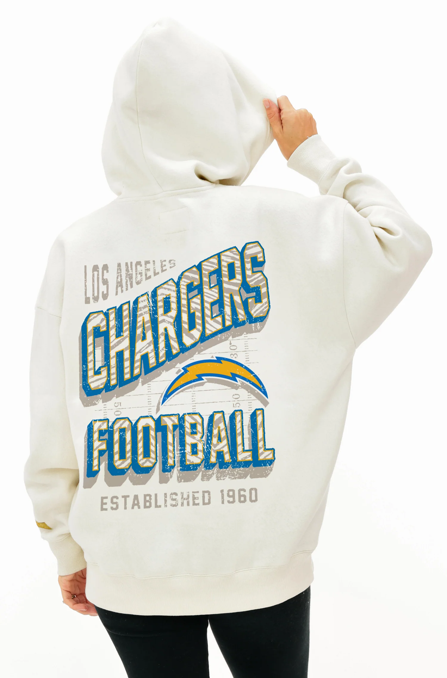 Zubaz NFL  UNISEX 90s Vintage First Down Drop Shoulder Hoodie- Off White, LOS ANGELES CHARGERS - Image 3