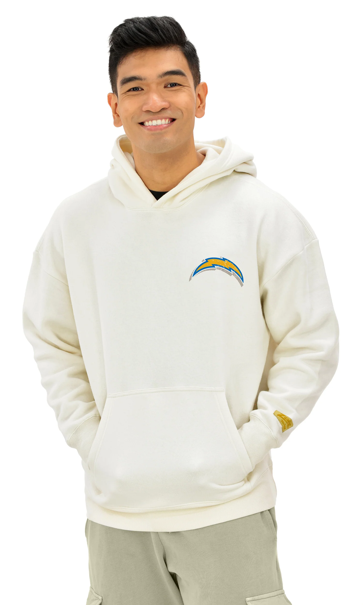 Zubaz NFL  UNISEX 90s Vintage First Down Drop Shoulder Hoodie- Off White, LOS ANGELES CHARGERS - Image 4