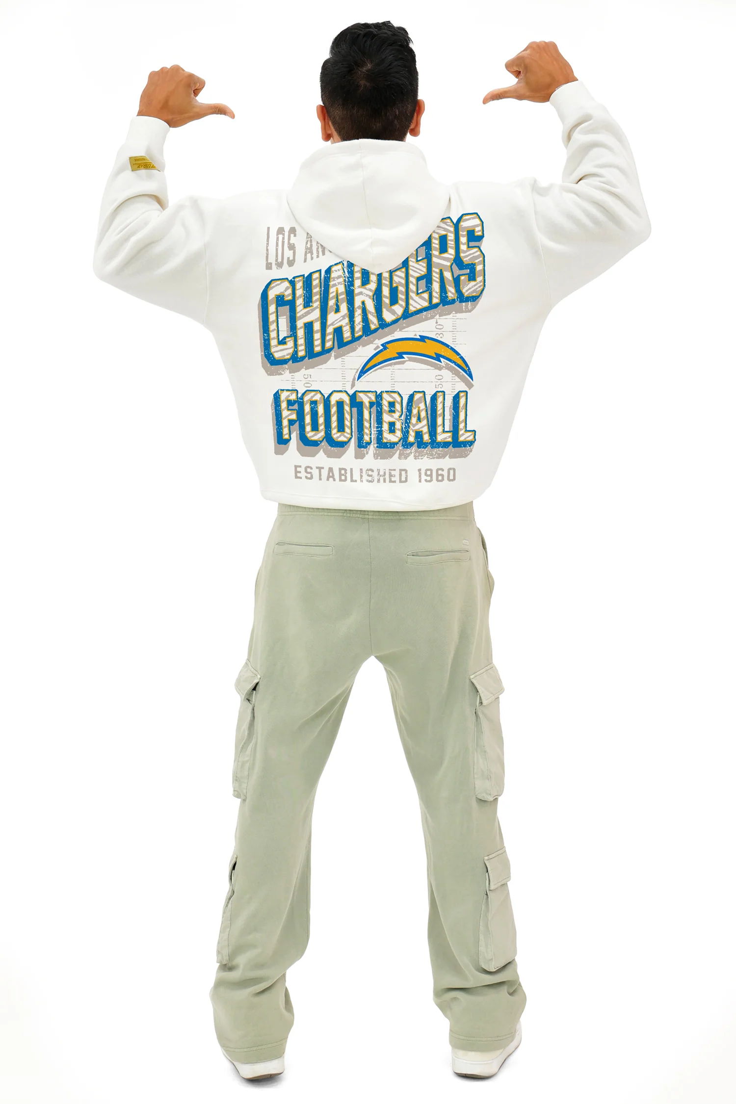 Zubaz NFL  UNISEX 90s Vintage First Down Drop Shoulder Hoodie- Off White, LOS ANGELES CHARGERS - Image 5