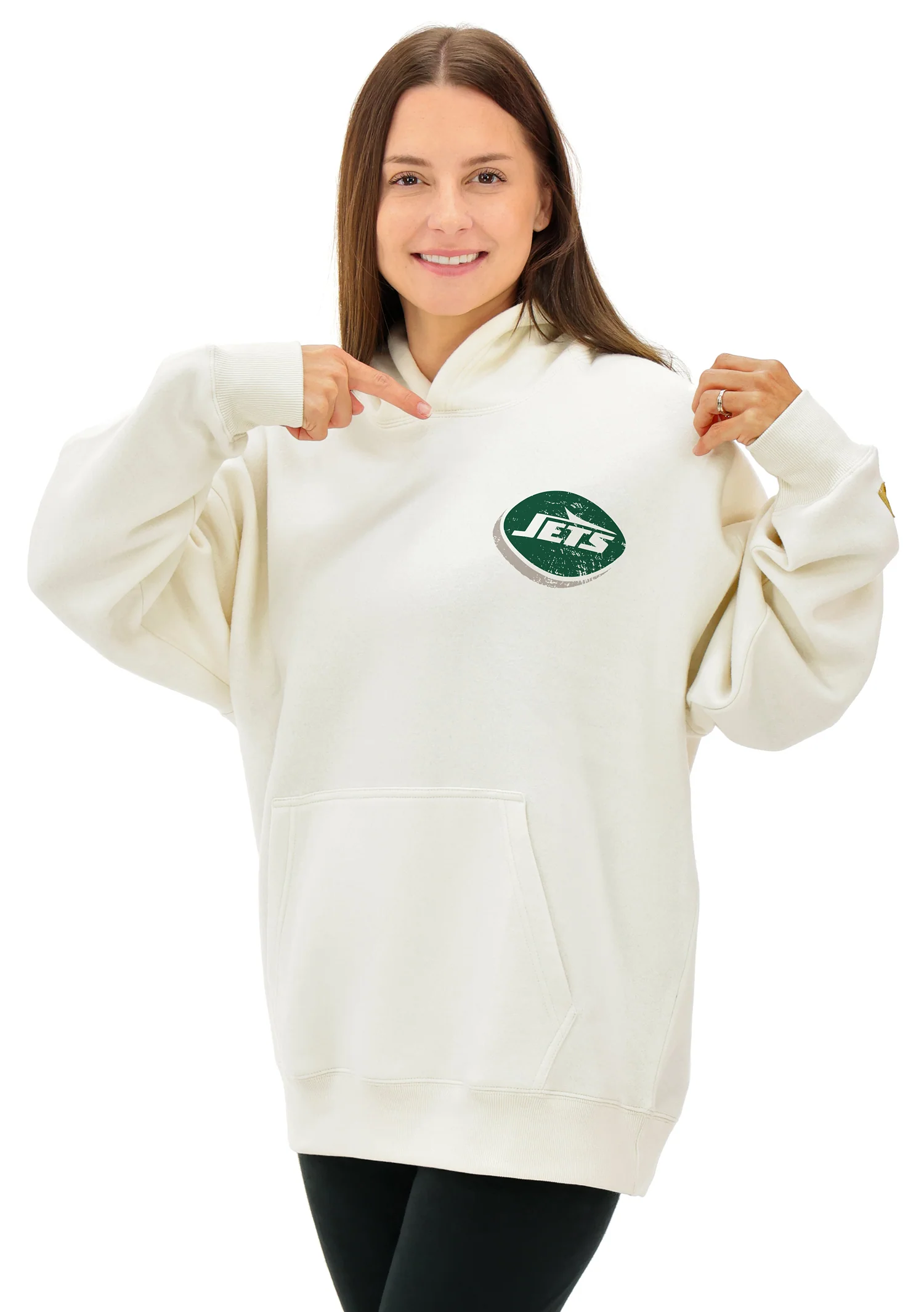 Zubaz NFL UNISEX 90s Vintage First Down Drop Shoulder Hoodie- Off White, NEW YORK JETS - Image 2