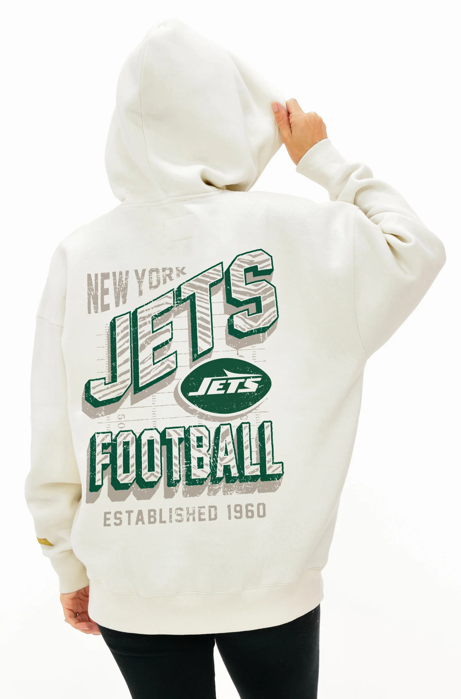 Zubaz NFL UNISEX 90s Vintage First Down Drop Shoulder Hoodie- Off White, NEW YORK JETS - Image 3
