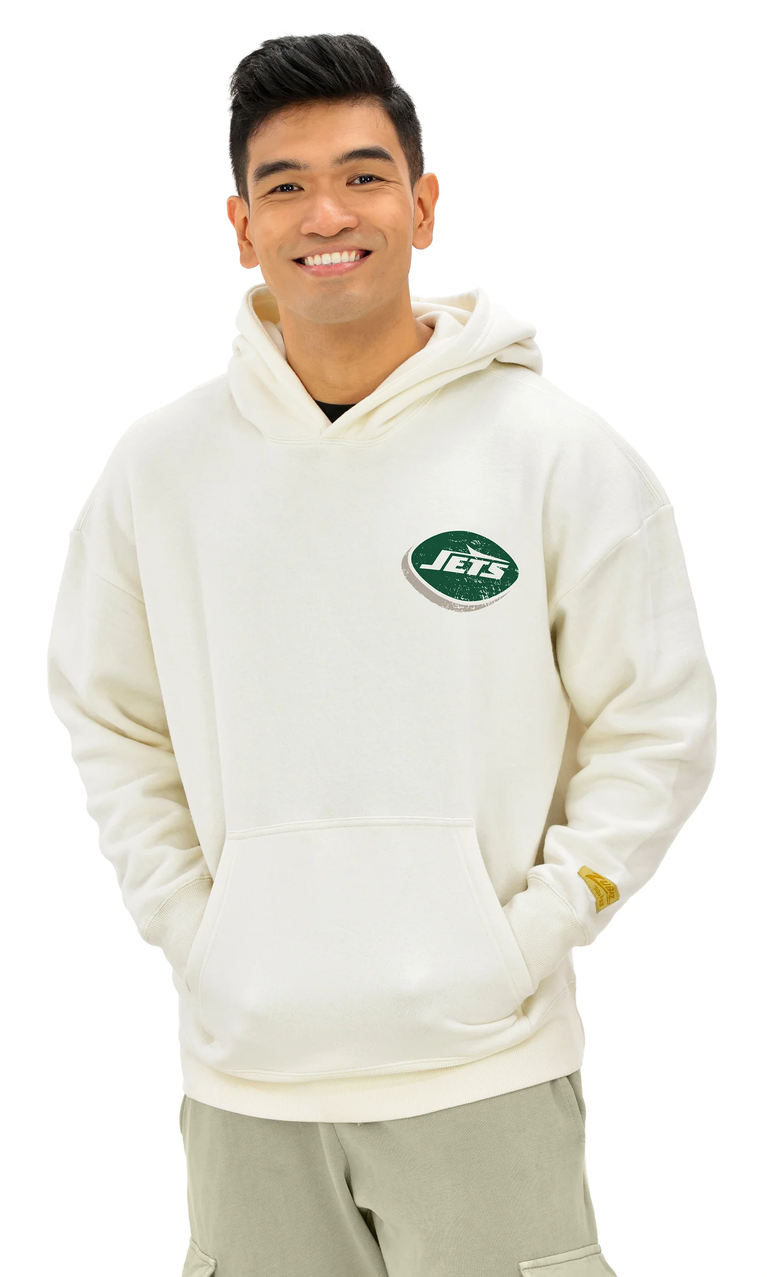 Zubaz NFL UNISEX 90s Vintage First Down Drop Shoulder Hoodie- Off White, NEW YORK JETS - Image 4
