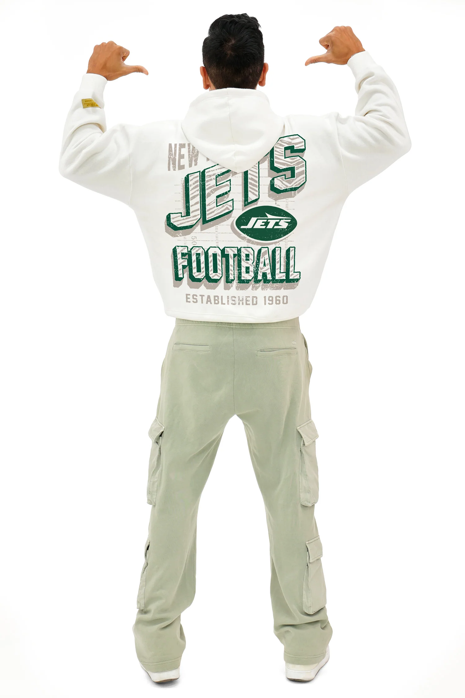 Zubaz NFL UNISEX 90s Vintage First Down Drop Shoulder Hoodie- Off White, NEW YORK JETS - Image 5