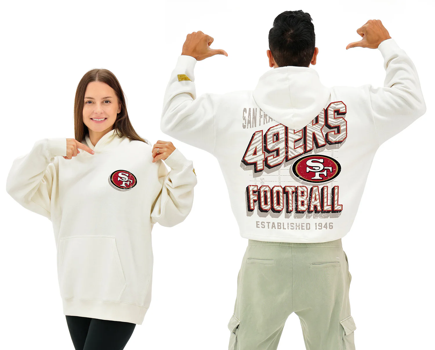 Zubaz NFL UNISEX 90s Vintage First Down Drop Shoulder Hoodie- Off White, SAN FRANCISCO 49ERS