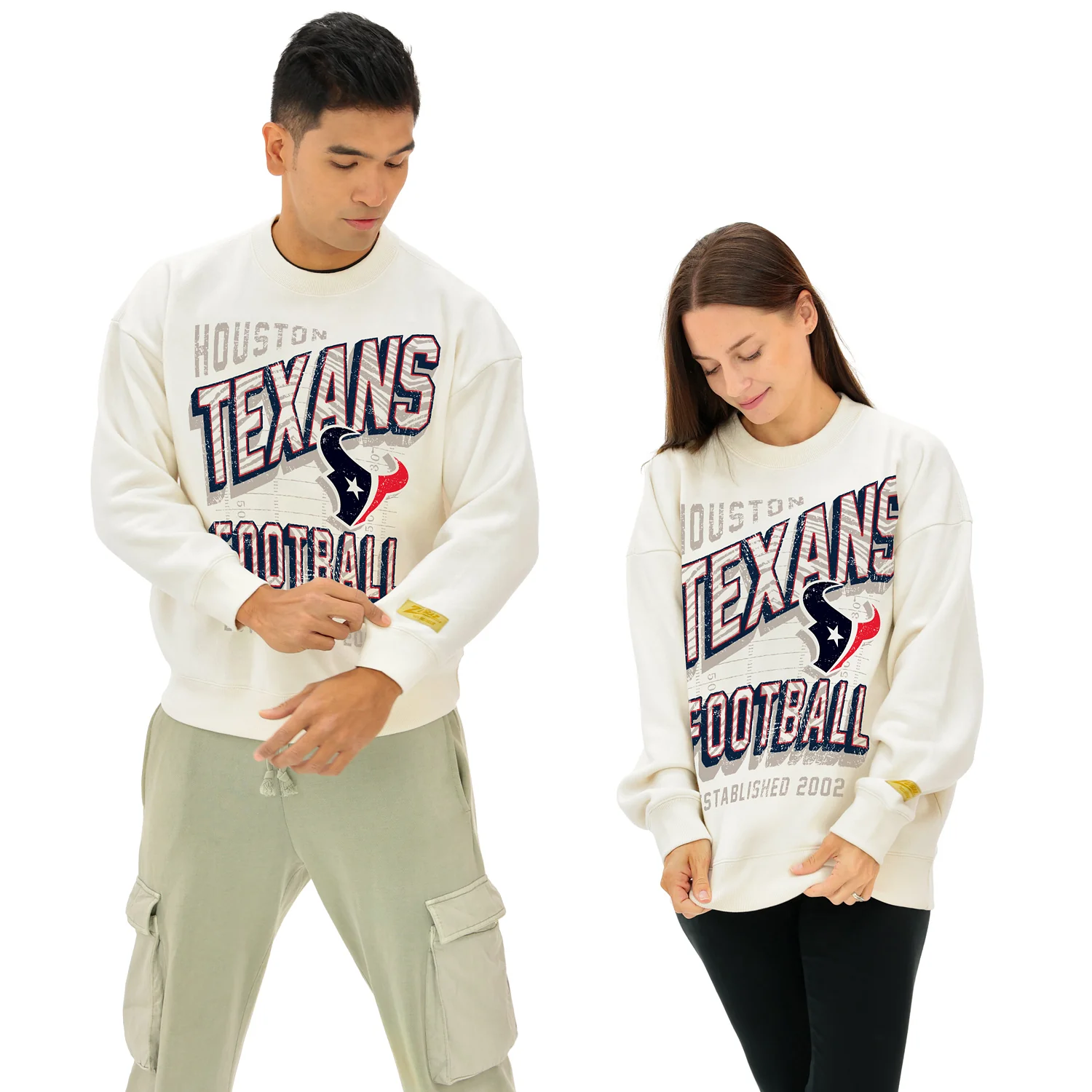 Zubaz NFL UNISEX 90s Vintage First Down Drop Shoulder Crewneck- Off White, HOUSTON TEXANS