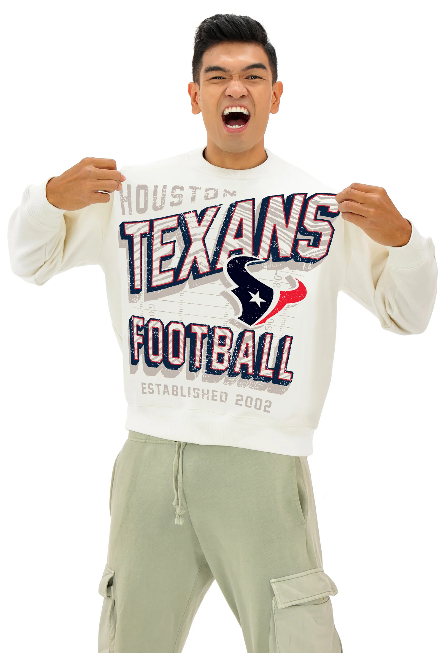 Zubaz NFL UNISEX 90s Vintage First Down Drop Shoulder Crewneck- Off White, HOUSTON TEXANS - Image 4