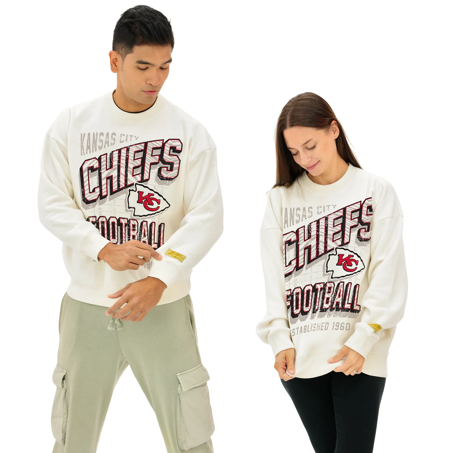 Zubaz NFL UNISEX 90s Vintage First Down Drop Shoulder Crewneck- Off White, KANSAS CITY CHIEFS