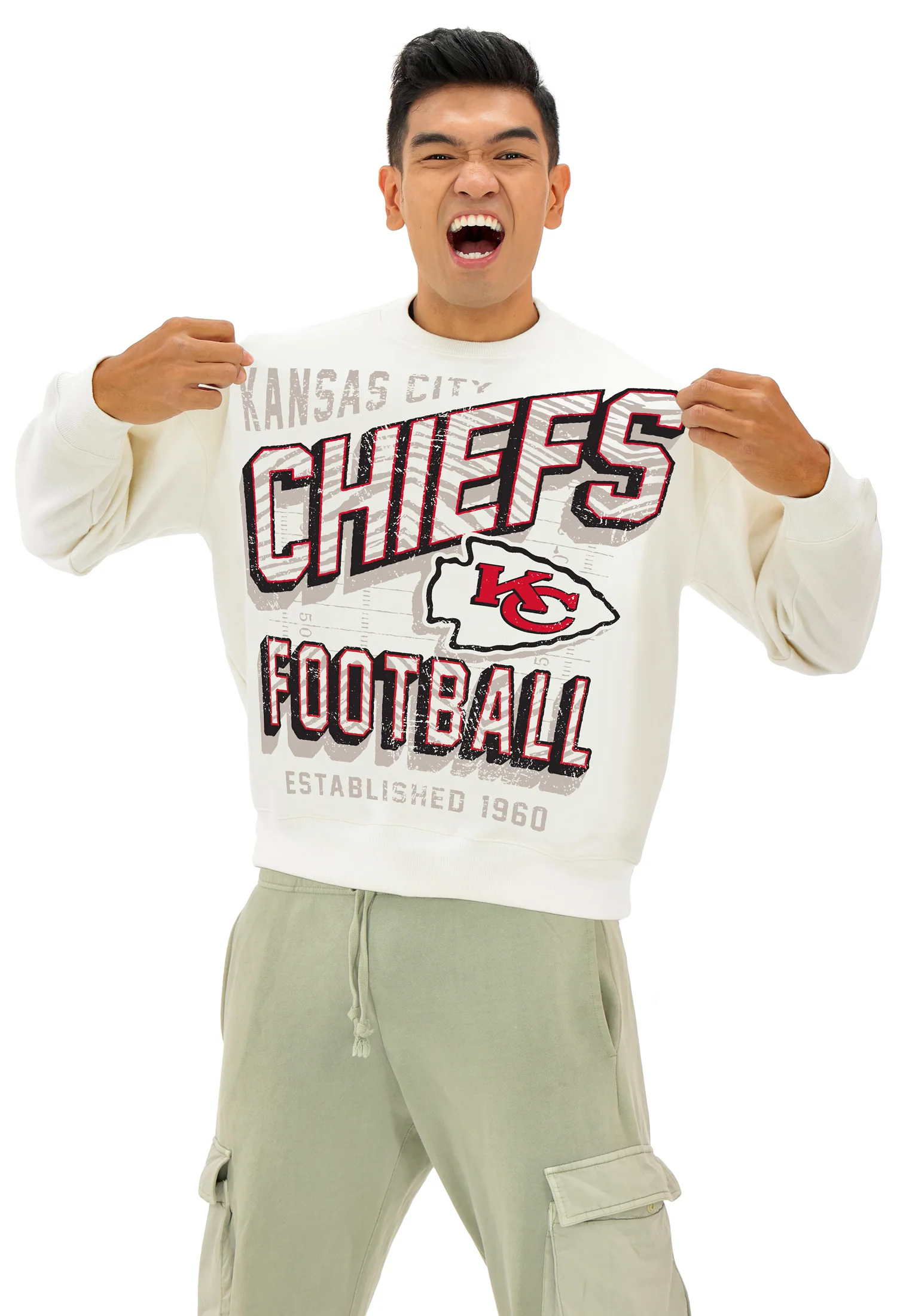 Zubaz NFL UNISEX 90s Vintage First Down Drop Shoulder Crewneck- Off White, KANSAS CITY CHIEFS - Image 4