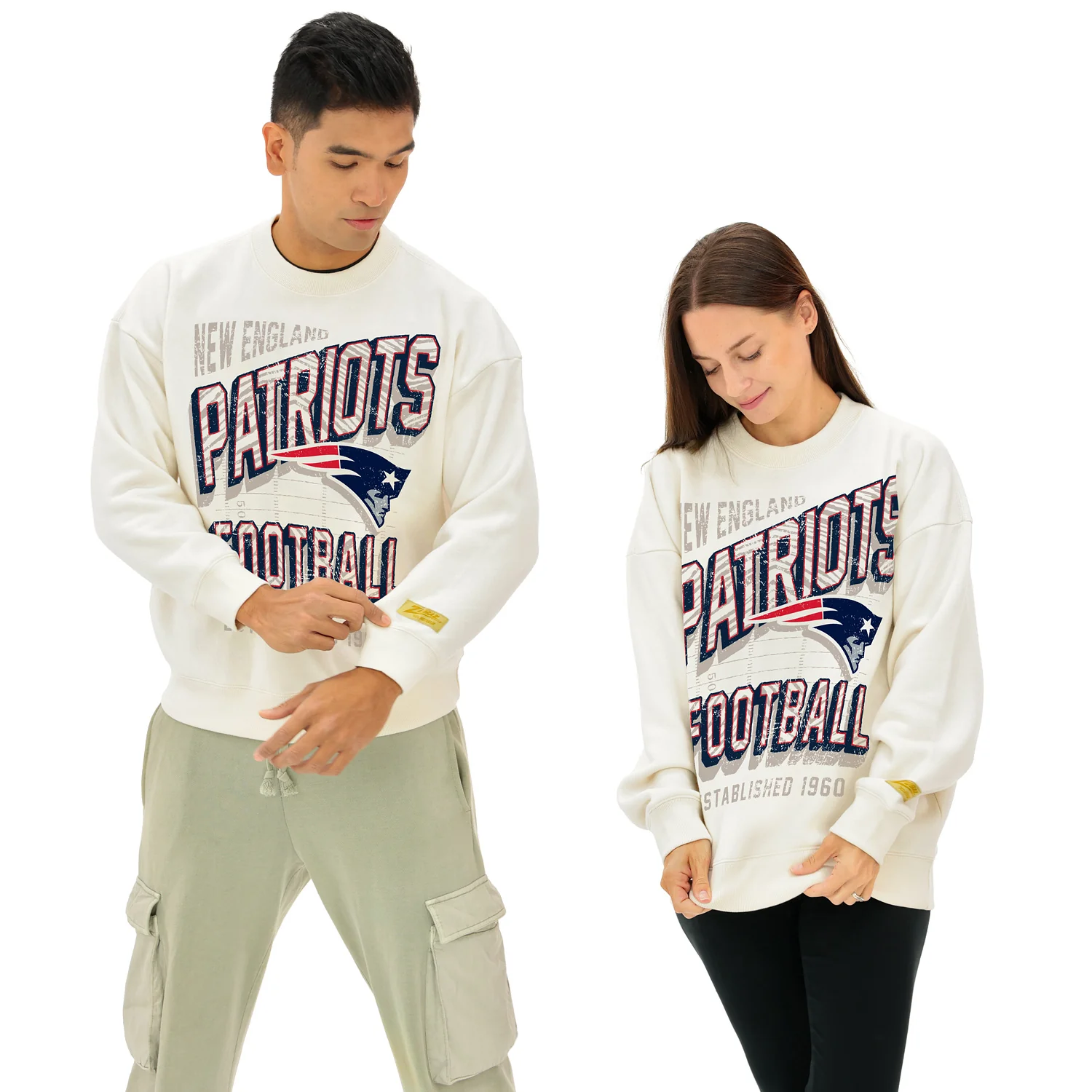 Zubaz NFL UNISEX 90s Vintage First Down Drop Shoulder Crewneck- Off White, NEW ENGLAND PATRIOTS