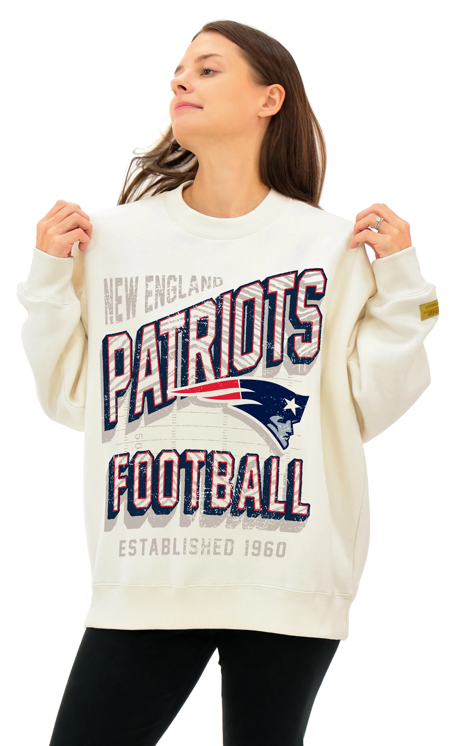 Zubaz NFL UNISEX 90s Vintage First Down Drop Shoulder Crewneck- Off White, NEW ENGLAND PATRIOTS - Image 2