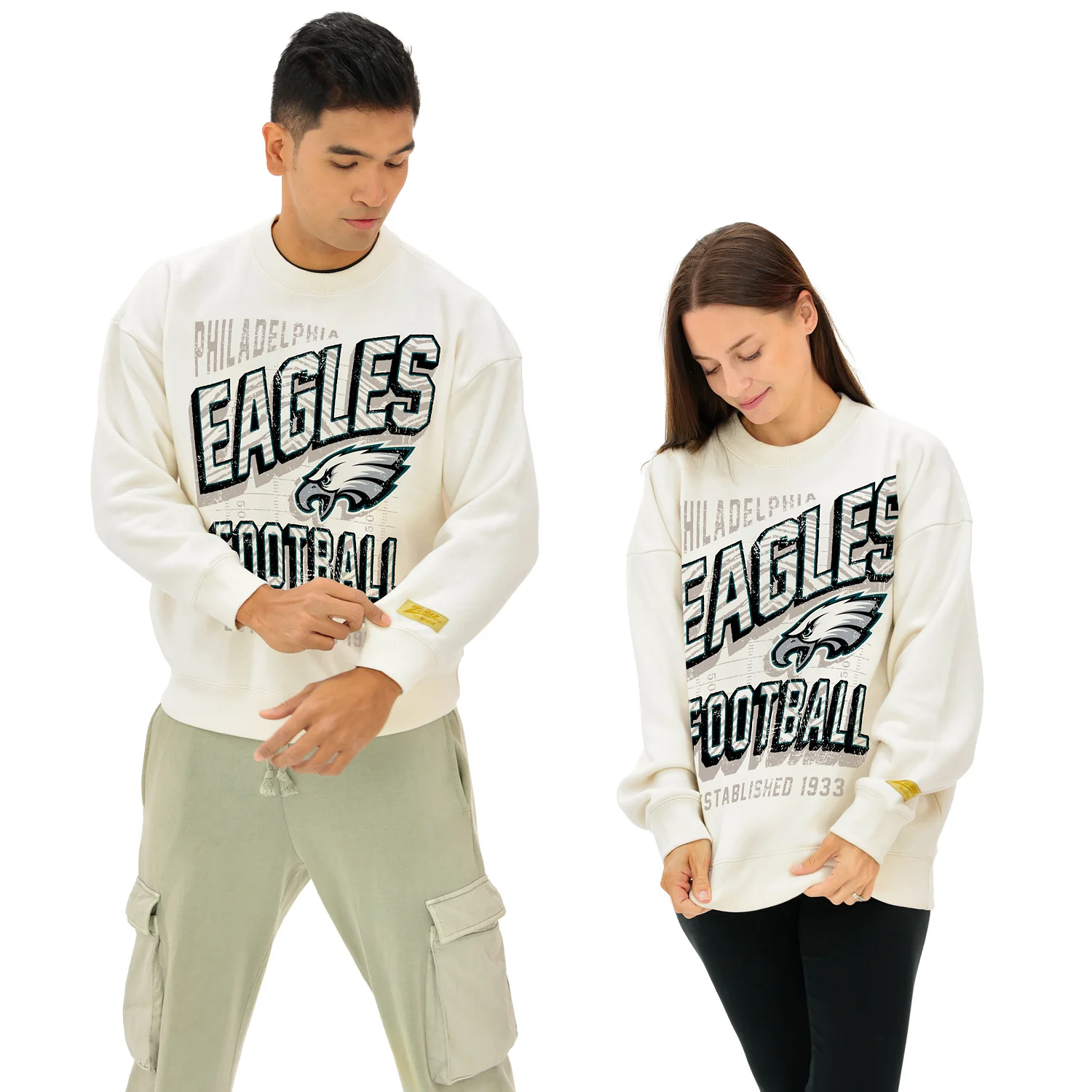 Zubaz NFL  UNISEX 90s Vintage First Down Drop Shoulder Crewneck- Off White, PHILADELPHIA EAGLES