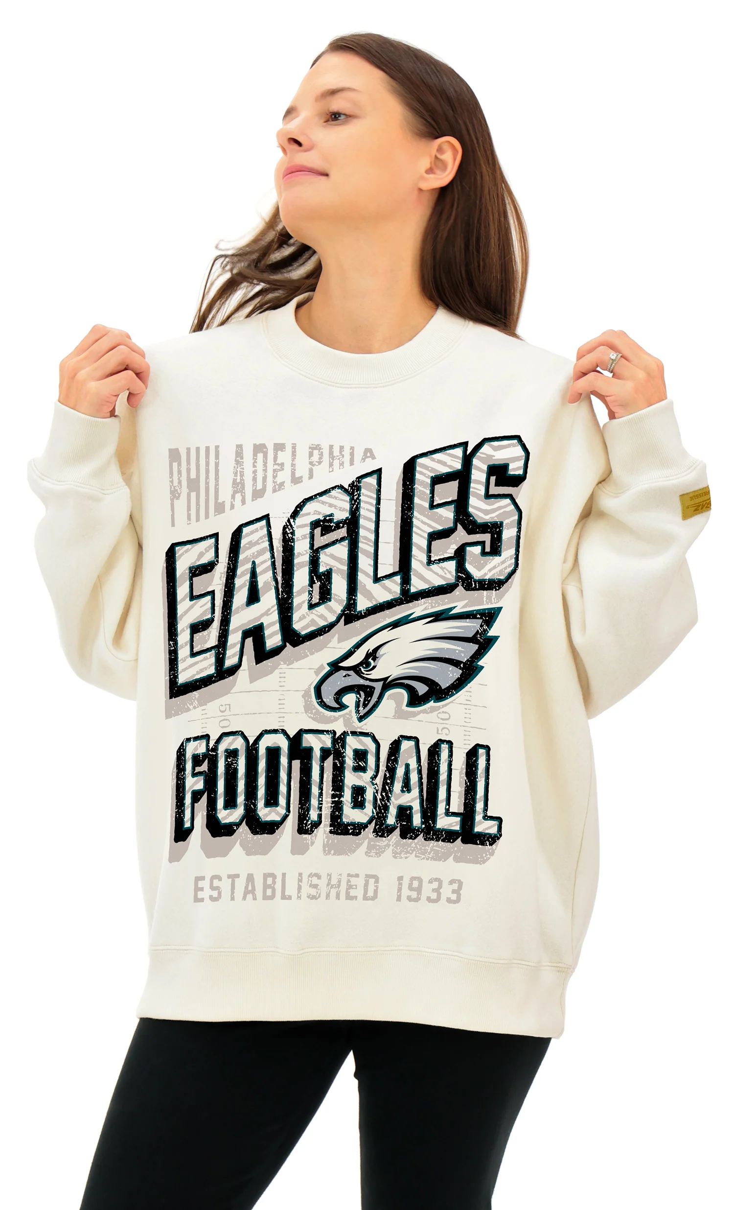 Zubaz NFL  UNISEX 90s Vintage First Down Drop Shoulder Crewneck- Off White, PHILADELPHIA EAGLES - Image 2