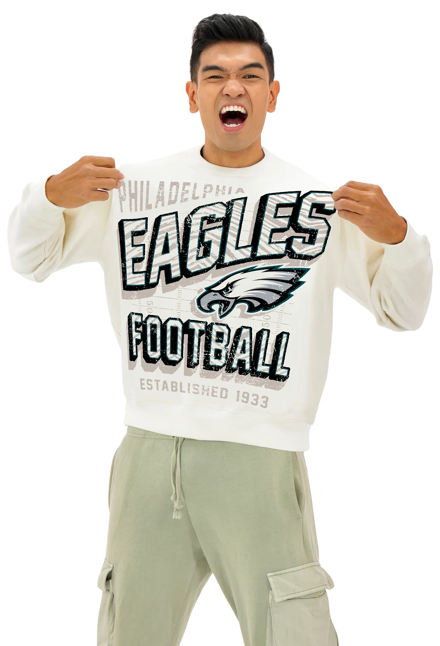 Zubaz NFL  UNISEX 90s Vintage First Down Drop Shoulder Crewneck- Off White, PHILADELPHIA EAGLES - Image 4