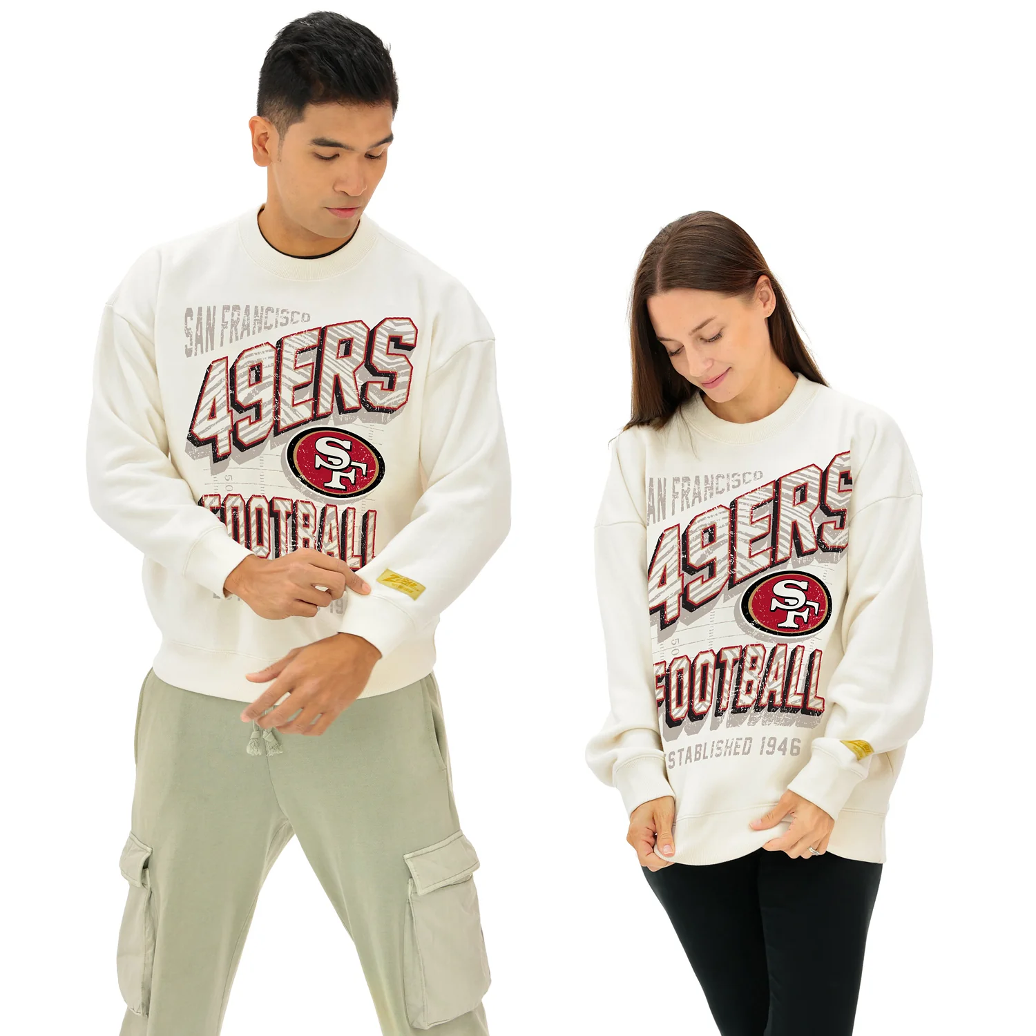 Zubaz NFL UNISEX 90s Vintage First Down Drop Shoulder Crewneck- Off White, SAN FRANCISCO 49ERS