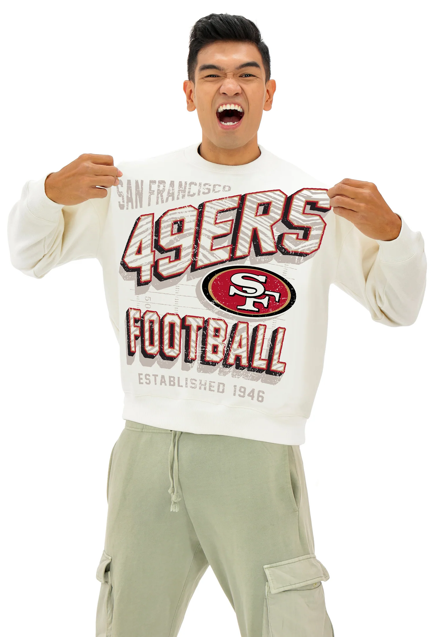 Zubaz NFL UNISEX 90s Vintage First Down Drop Shoulder Crewneck- Off White, SAN FRANCISCO 49ERS - Image 4