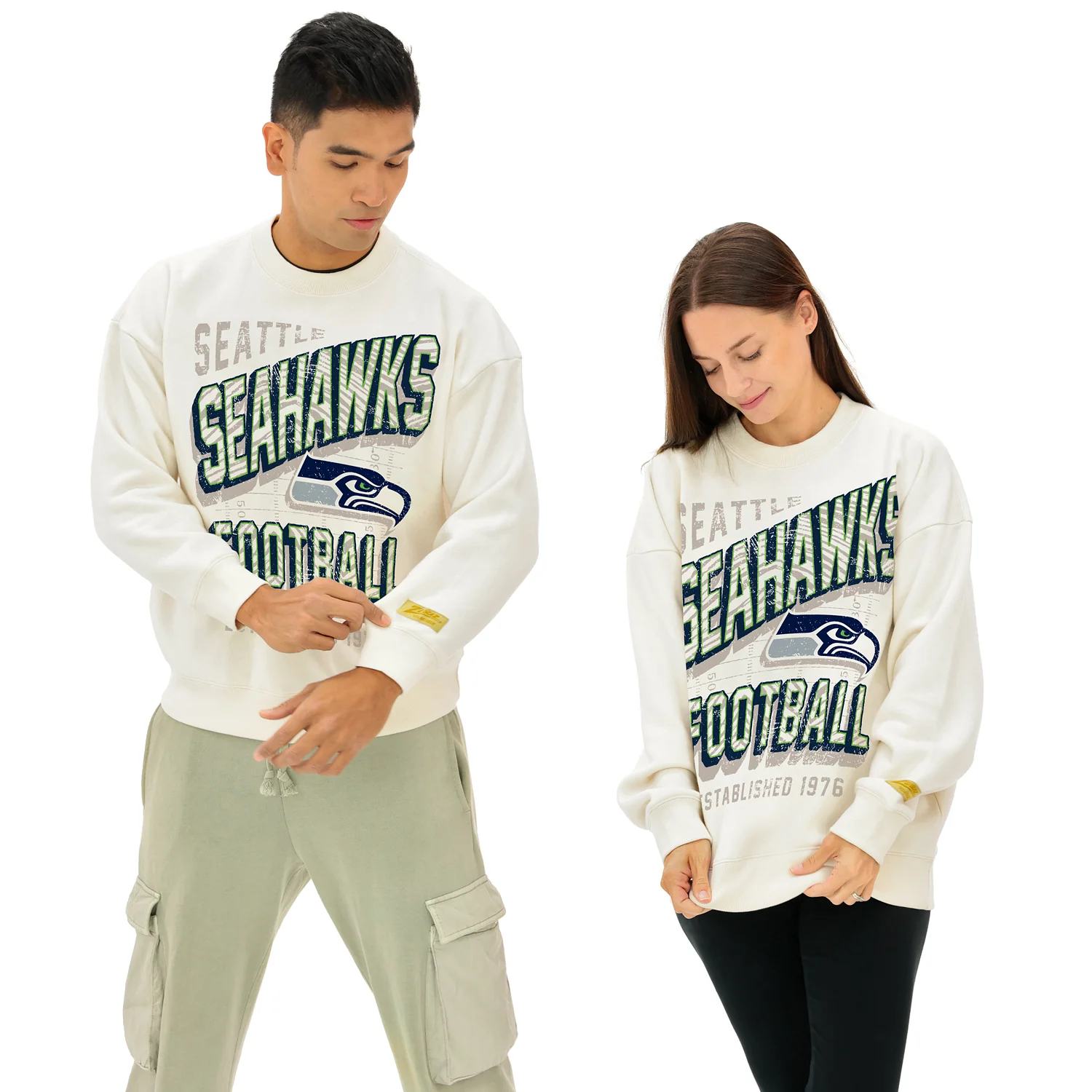 Zubaz NFL UNISEX 90s Vintage First Down Drop Shoulder Crewneck- Off White, SEATTLE SEAHAWKS