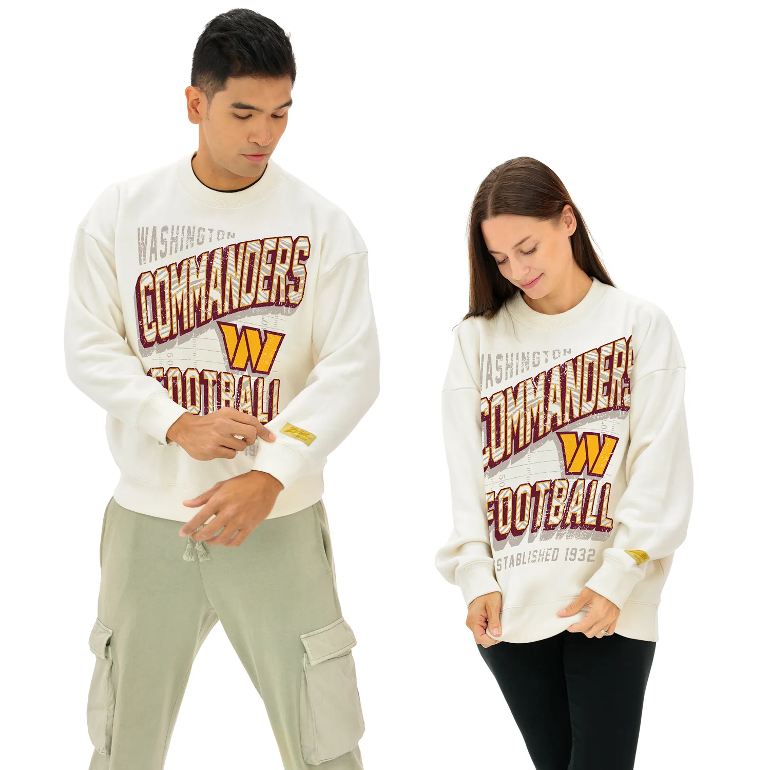 Zubaz NFL UNISEX 90s Vintage First Down Drop Shoulder Crewneck- Off White, WASHINGTON COMMANDERS